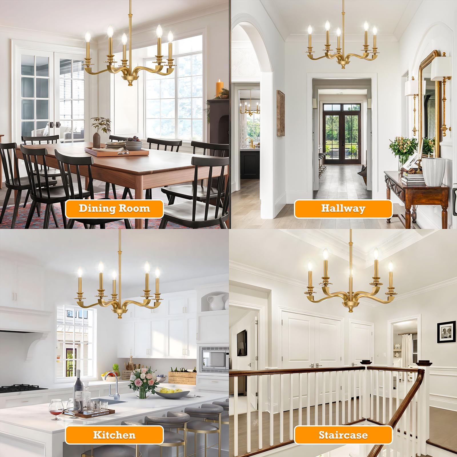 Gold Chandeliers For Dining Room, 25.5 Inch Vintage Gold Chandelier Light Fixture Over Table, Farmhouse Candle Chandeliers, 5-Li