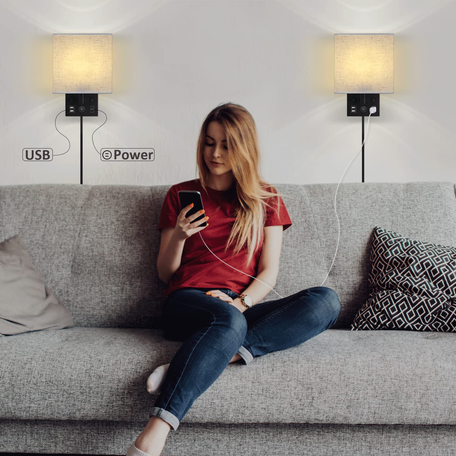 CADUKE Wall Lamp Set of 2, Black Brushed Nickel Sconces with USB Port & AC Outlet, E26 LED Bulb Included, Modern Design for Living Room/Office