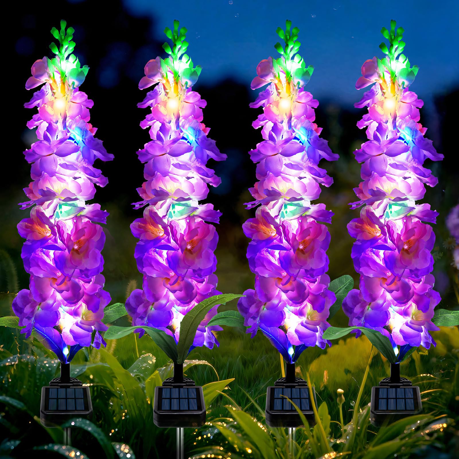 Mrhephaestus Solar Garden Lights  Solar Purple Delphinium Flowers Lights 4 Pack 80 Leds  Waterproof Outdoor Light Two Lighting Modes For Outside Wedding Party Garden Yard Patio Lawn Decor