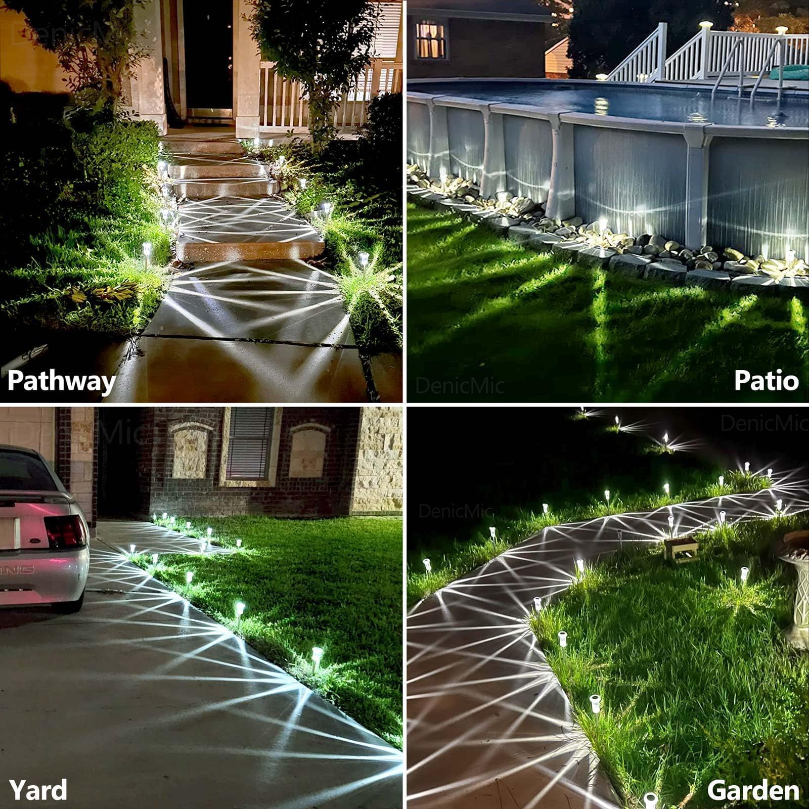 Denicmic Solar Lights Outdoor Pathway Lights 6000K Led Waterproof Acrylic Lamp Head Stainless Steel Stake For Yard Garden Landsc