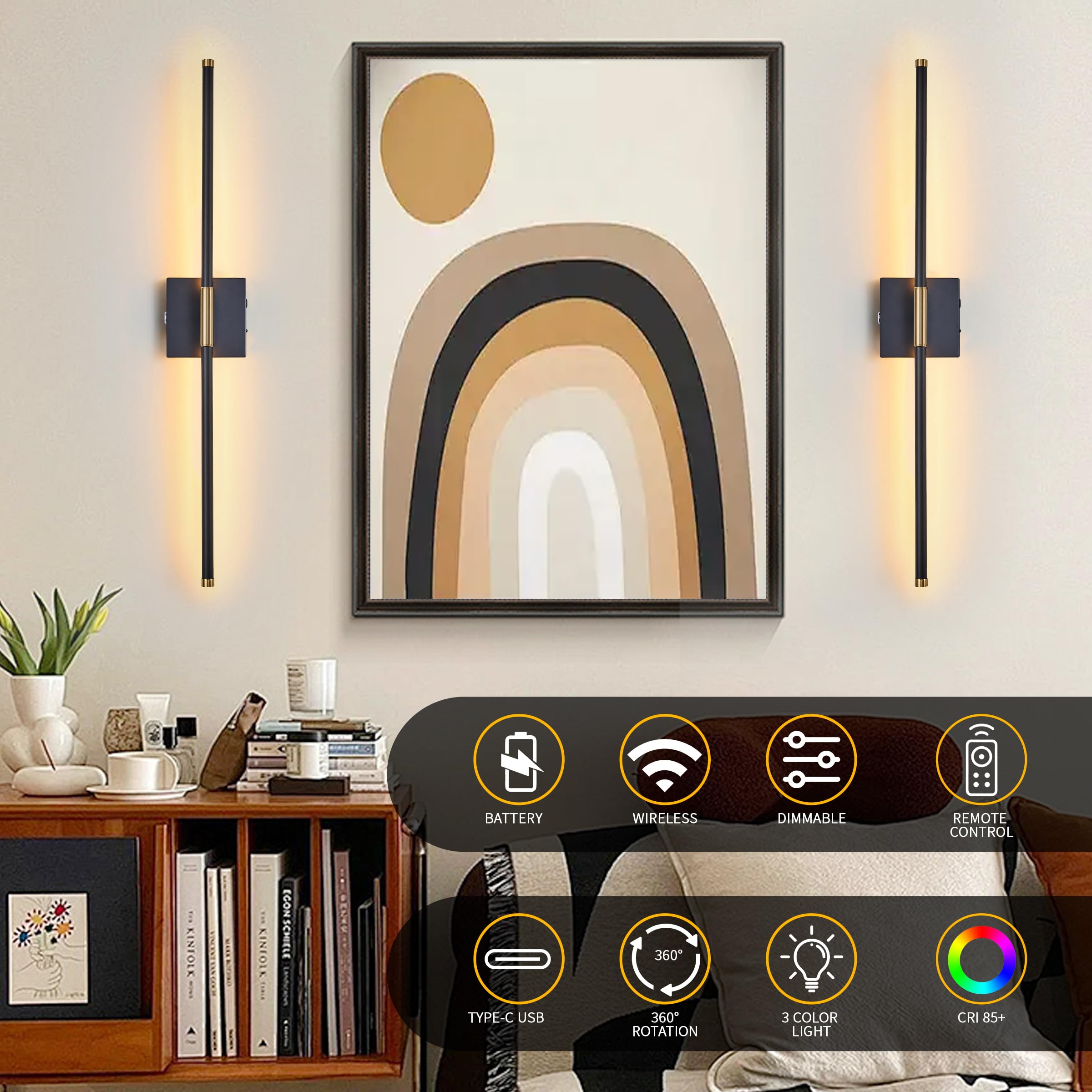 15800 mAh Battery Operated Wall Sconces with Remote Control Dimmable Wall Sconces Set of Two 3000K LED Black and Brass Wireless