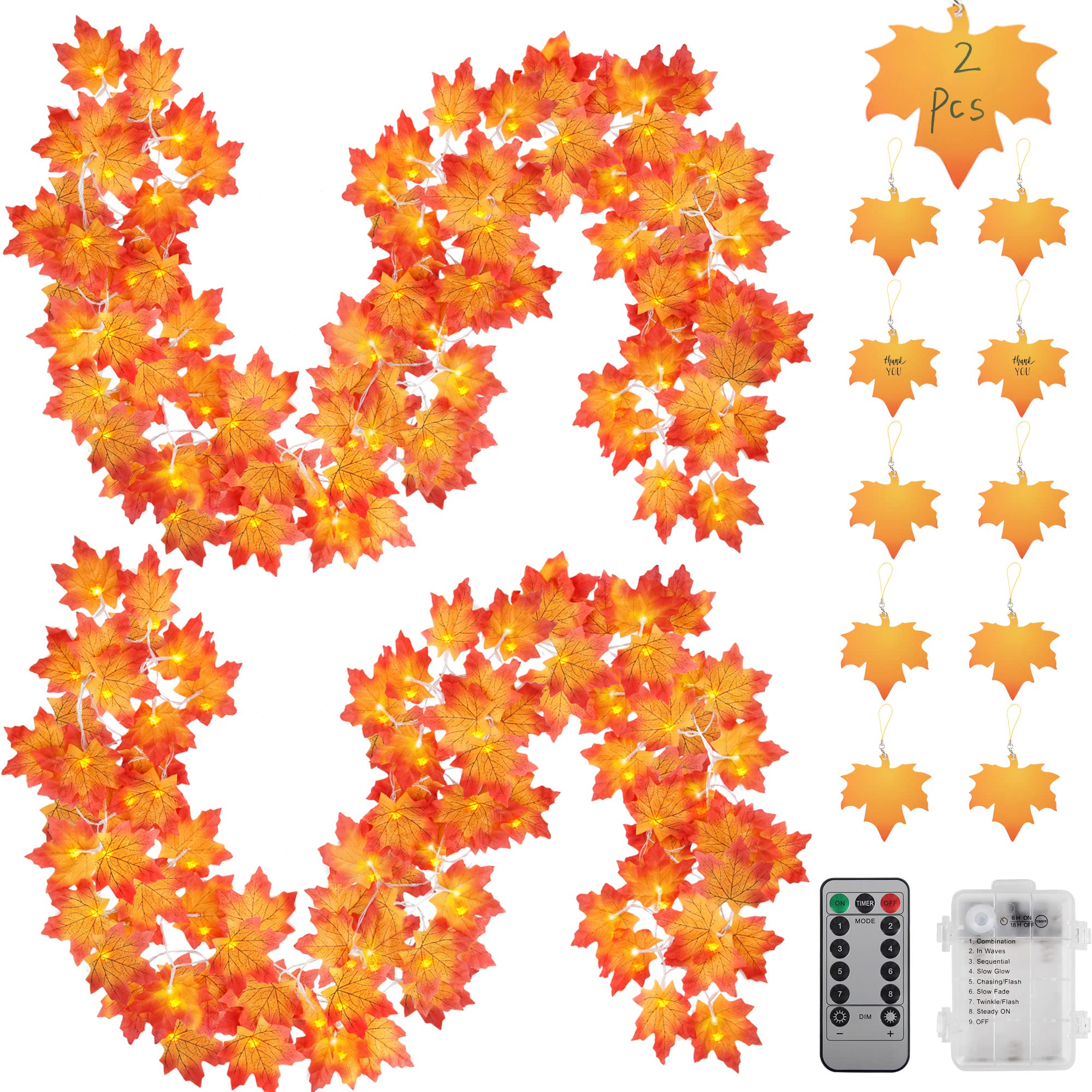 2 Pack Thanksgiving Decor Fall Garland String Lights with Timer and Remote, 100 LED 32.8Ft Lighted Autumn Leaves Garlands Decor, 8 Models, Battery Operated Fall Lights for Home Party Indoor Mantle