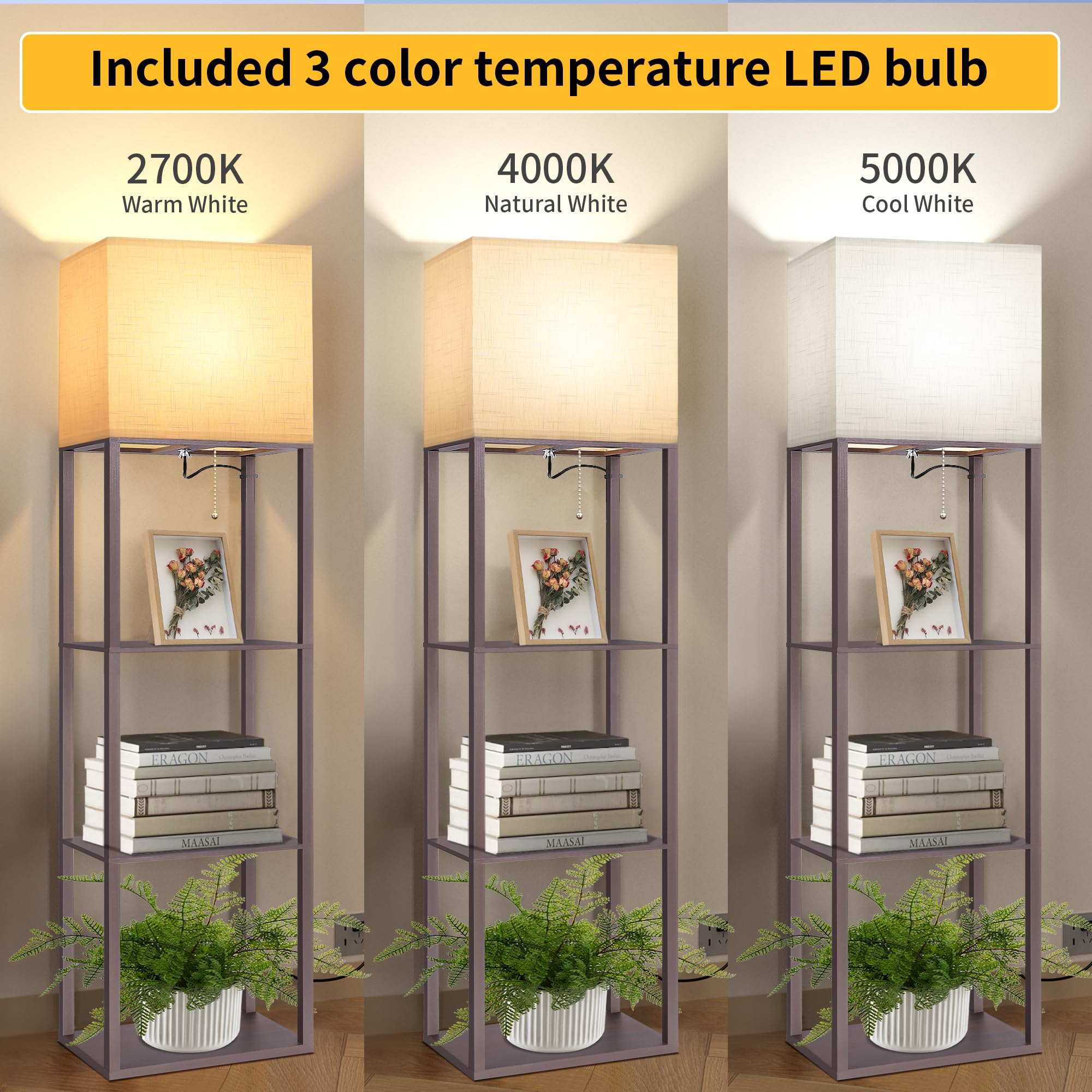 Dott Arts Floor Lamp with Shelves, 15.7in Wide, Wood, Walnut, Model WLM1600-FLA-15W-12, 3 Color LED Bulb