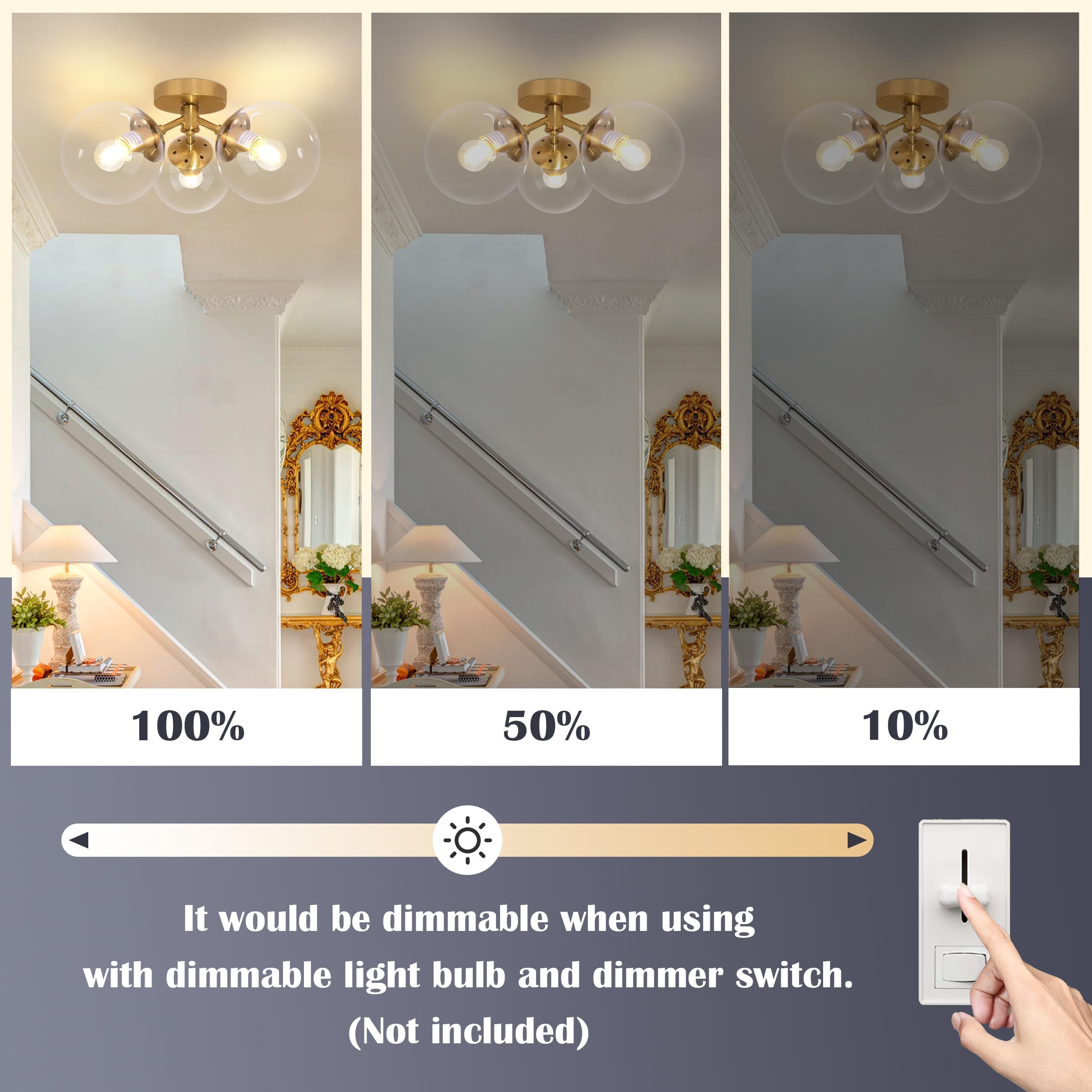 Bagood 3-Light Modern Gold Semi Flush Mount Ceiling Lights Clear Glass Globe Ceiling Lights Mid Century Brass Chandelier Modern
