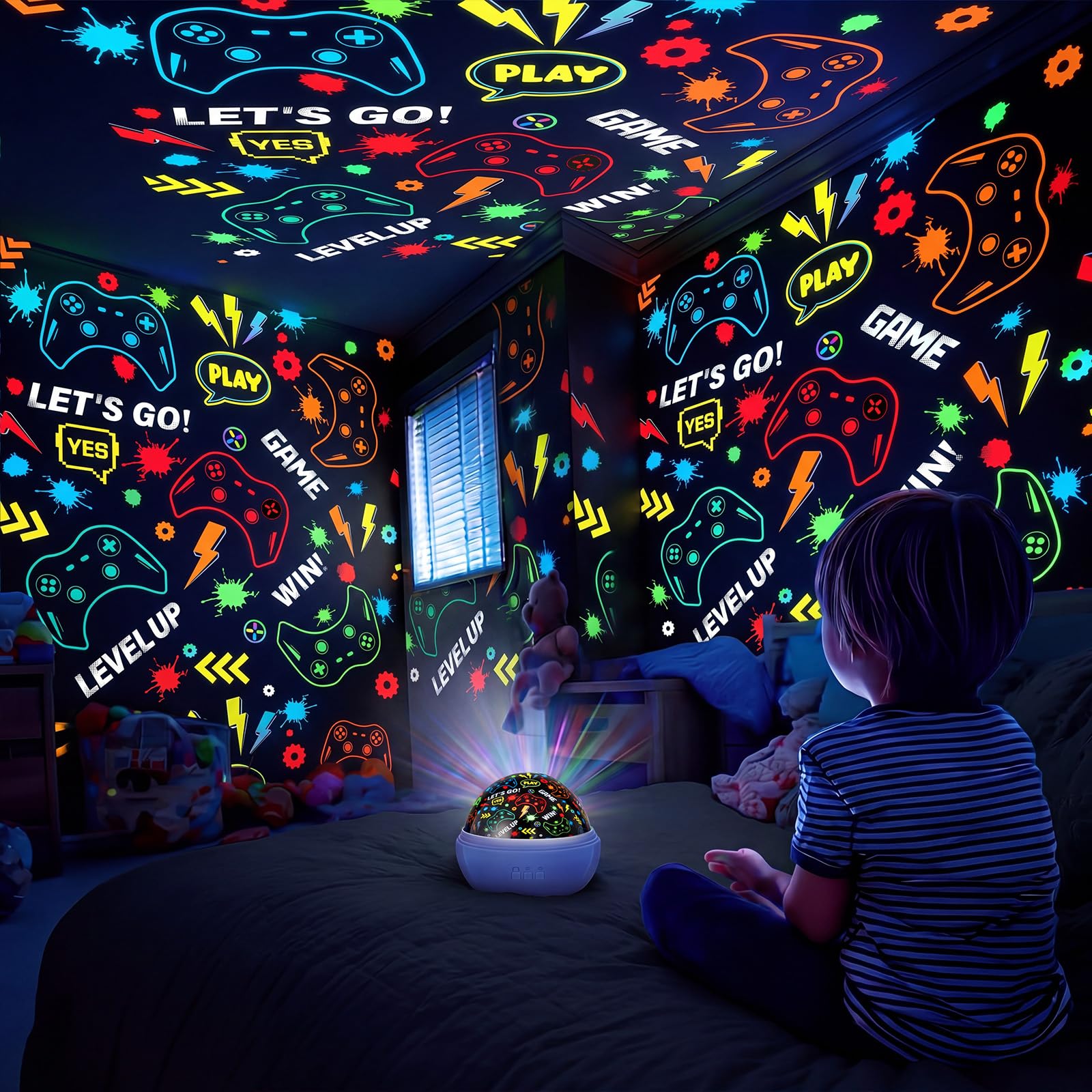 Lewtemi Gaming Room Decor Night Light for Boys 2 in 1 Game Controller Projector Lamp with 360 Rotating Ceiling Starry Sky Game P