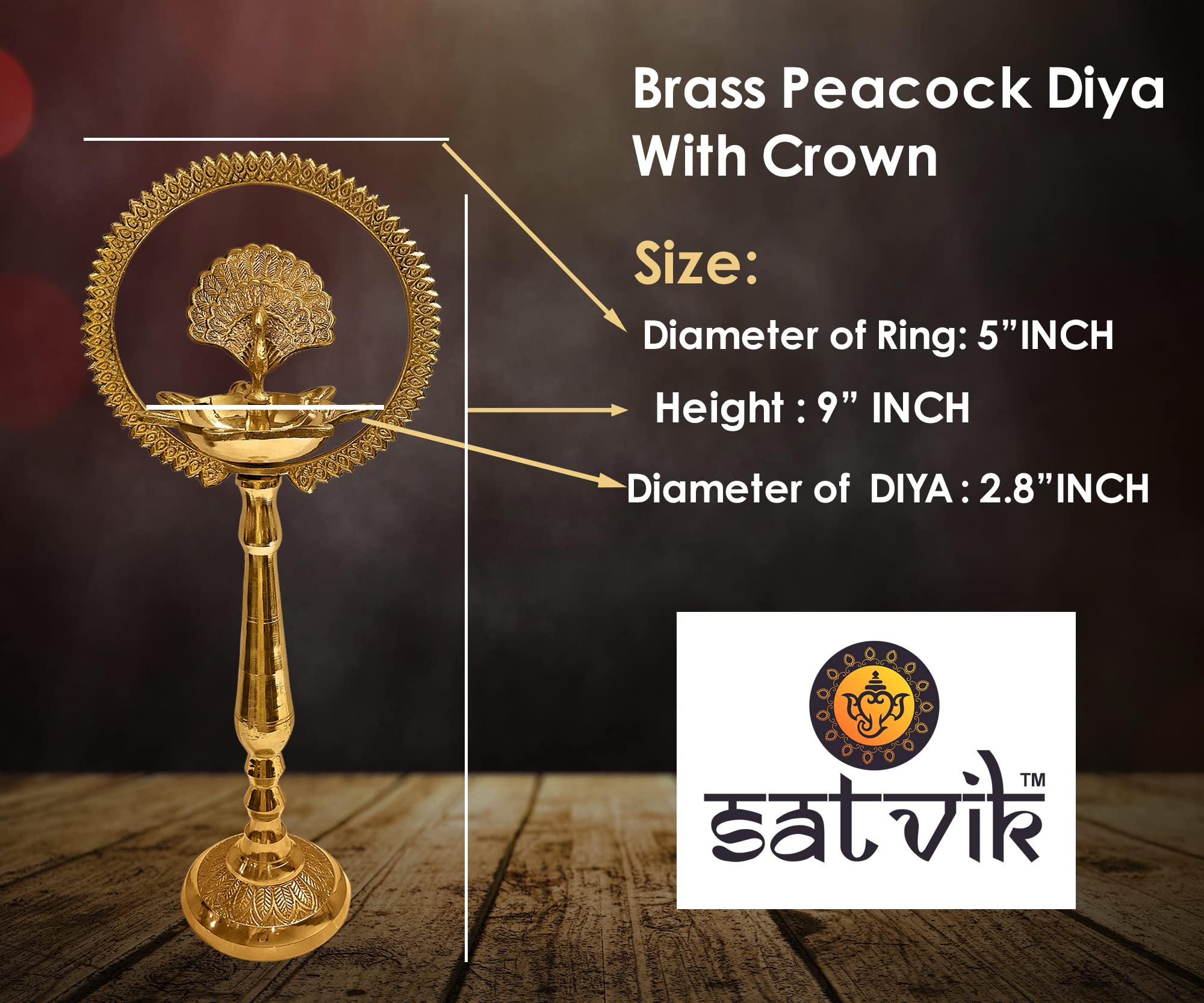 Satvik 2 Pc Set of Brass Peacock Diya with Crown 9 Inch Kerala Samai Diwali Deepak Mahabharat Dia Deepawali Deepam Engraved Inau