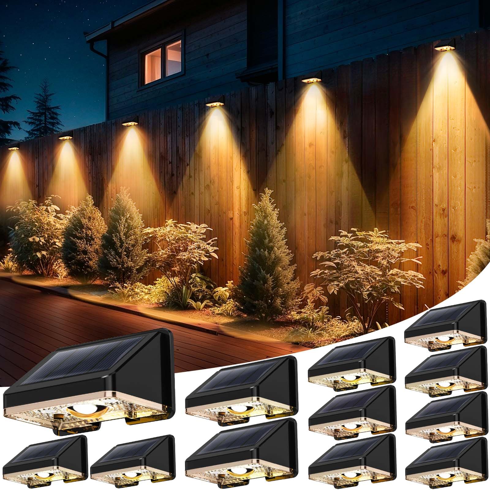 Solar Fence Lights Outdoor 12-Pack | IP67 Waterproof Wall Lights | Dusk to Dawn Auto-On/Off, Easy to Install | Decorative Solar 