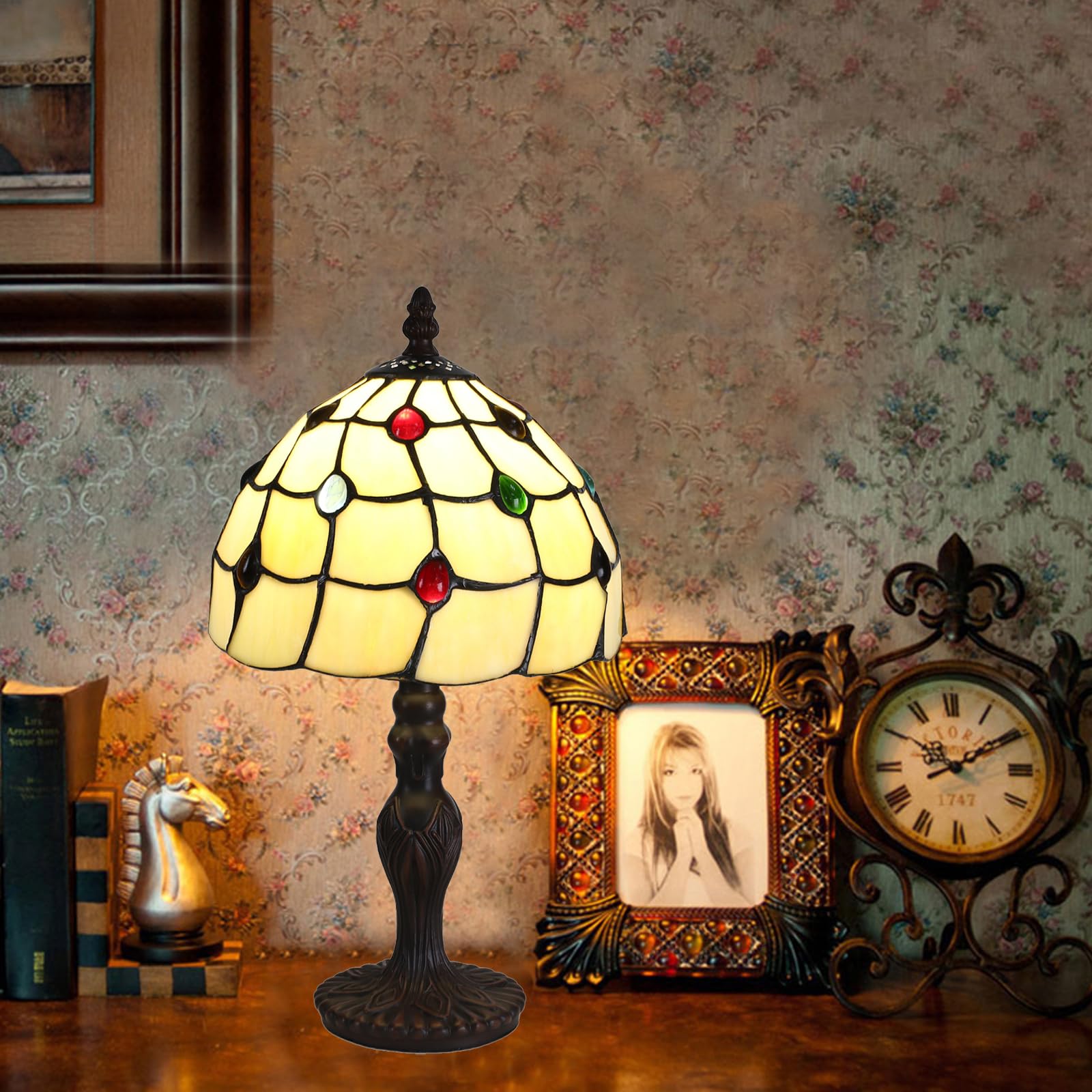 Tuomoxte Tiffany Style Table Lamp, 8 Inch Stained Glass Lamp, Small Antique Bedside Lamp, For Nightstand Bedroom Living Room Hom