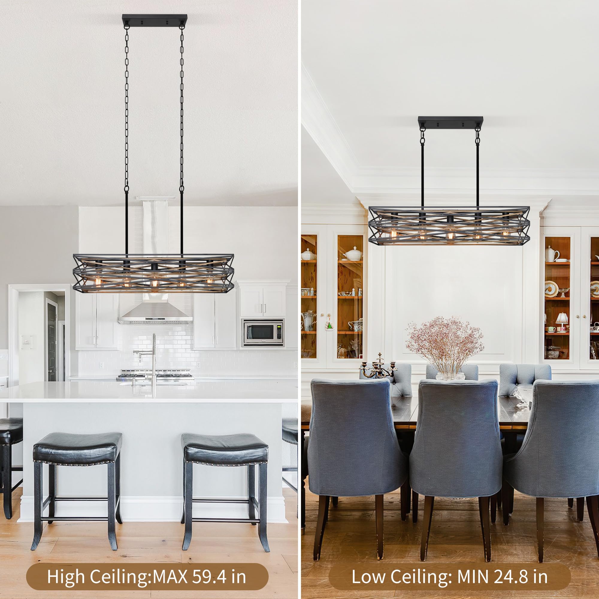Sigaitwei 5-Light Industrial Chandelier, Rustic Rectangle Kitchen Island Lighting, Retro Metal Fixture, Model B08N5WRWNW