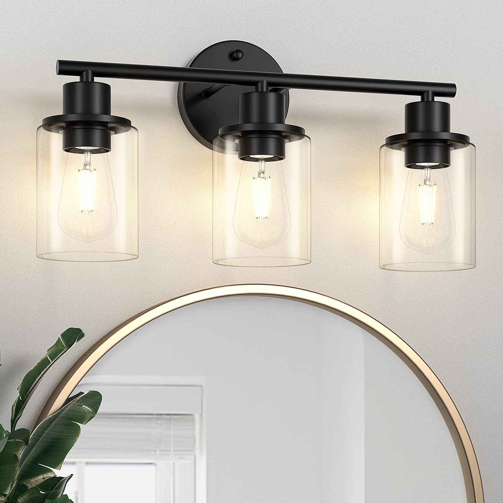 Licperron 3-Light Bathroom Wall Light, Black Metal Vanity Light with Clear Glass Shade, Modern Sconces for Home Decor