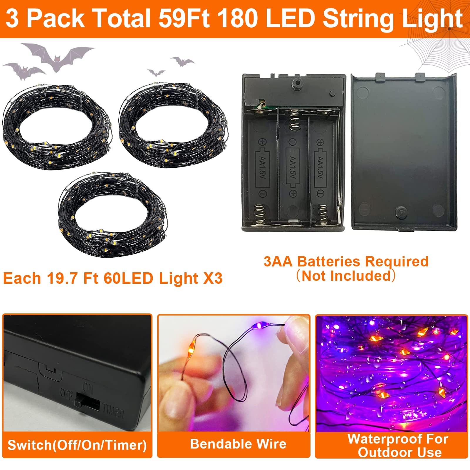 [ 3 Pack ] Halloween String Lights With Timer, Total 180Led 59Ft Copper Wire Battery Operated Halloween Decorations Indoor Outdoor Outside Yard Home Party Decor, 60Led 19.7Ft Each(Orange & Purple)