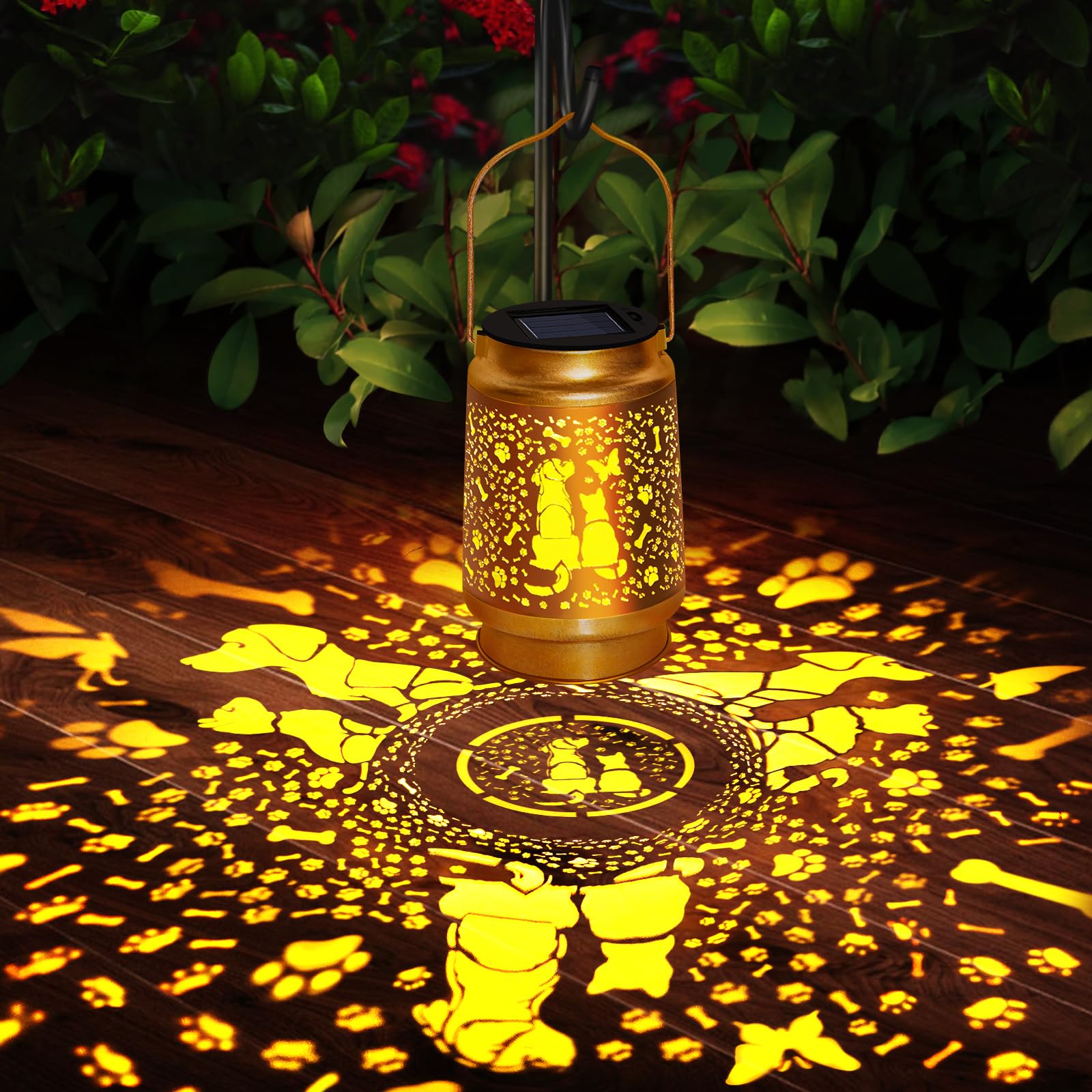 Cat & Dog Solar Lantern Outdoor, Yeuago Waterproof Garden Lights With Paw Prints - Memorial Gifts For Pet Lovers, Christmas Deco