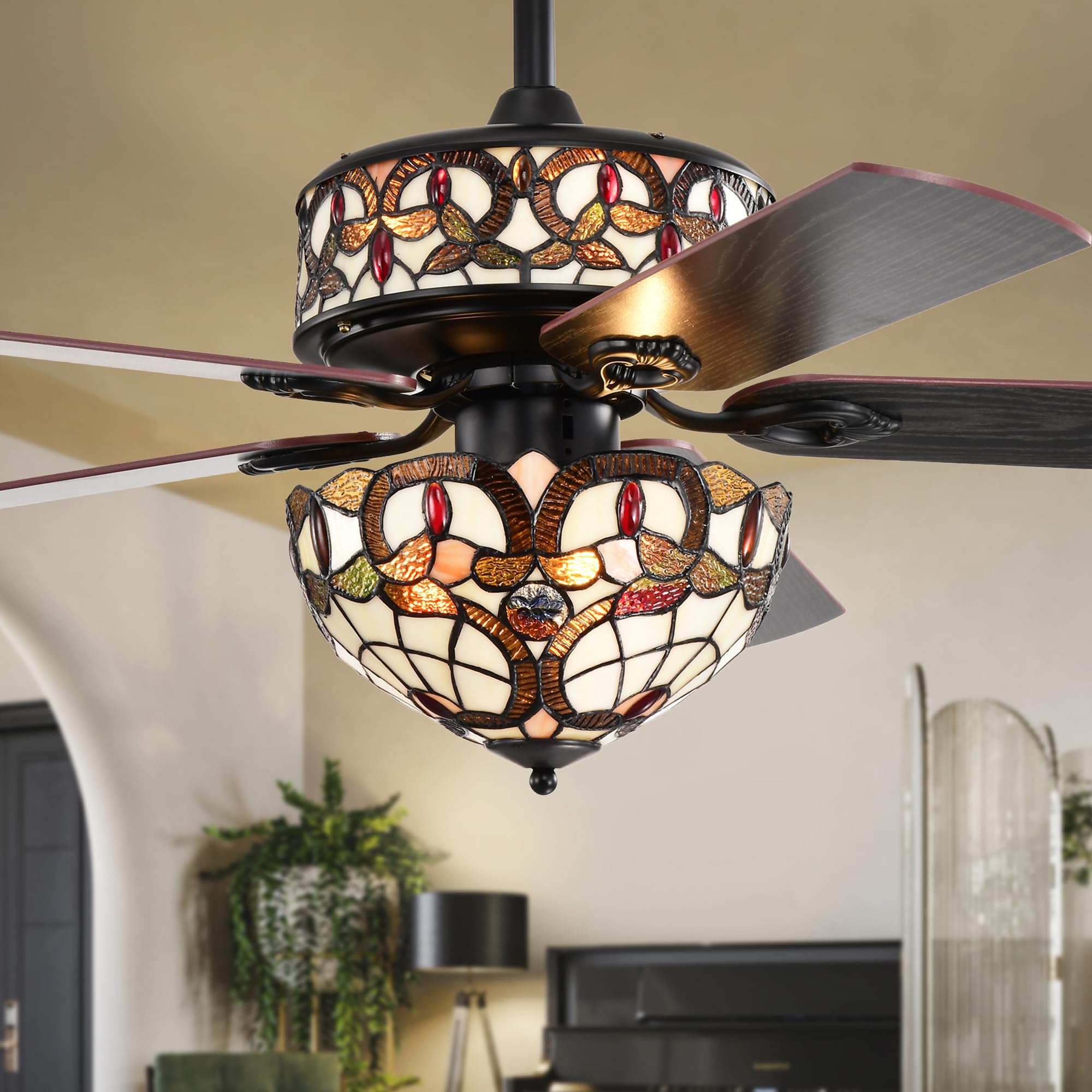 Home Accessories Lars Black Tiffany Style Two Tiered Lighted Ceiling Fan White and Copper Shade with Remote Control