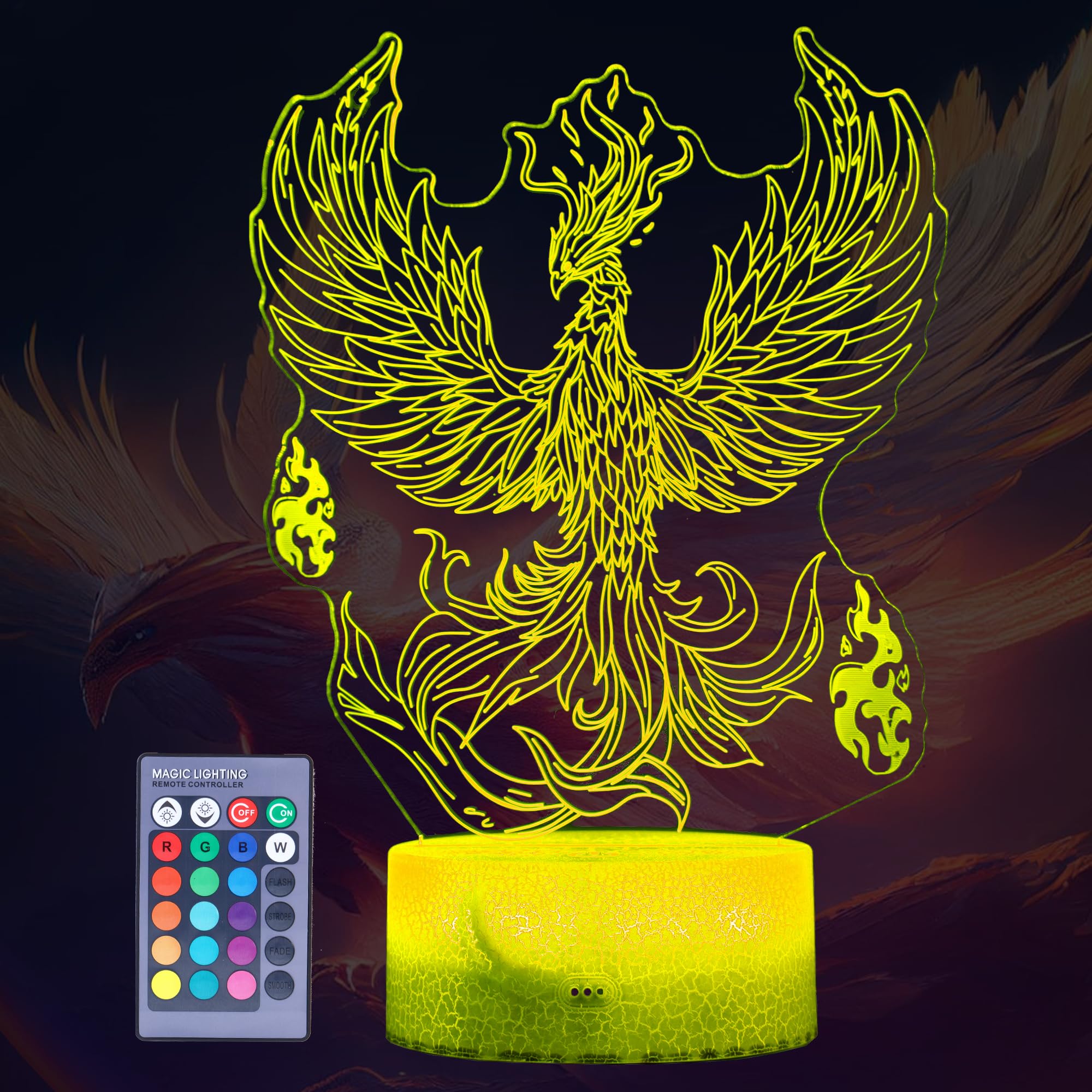 POSSHE Phoenix Night Light, 3D Illusion Lamp, Phoenix Stuff with 16 Colors Changing, Remote Control, Dimmable, Kids Room Decorat