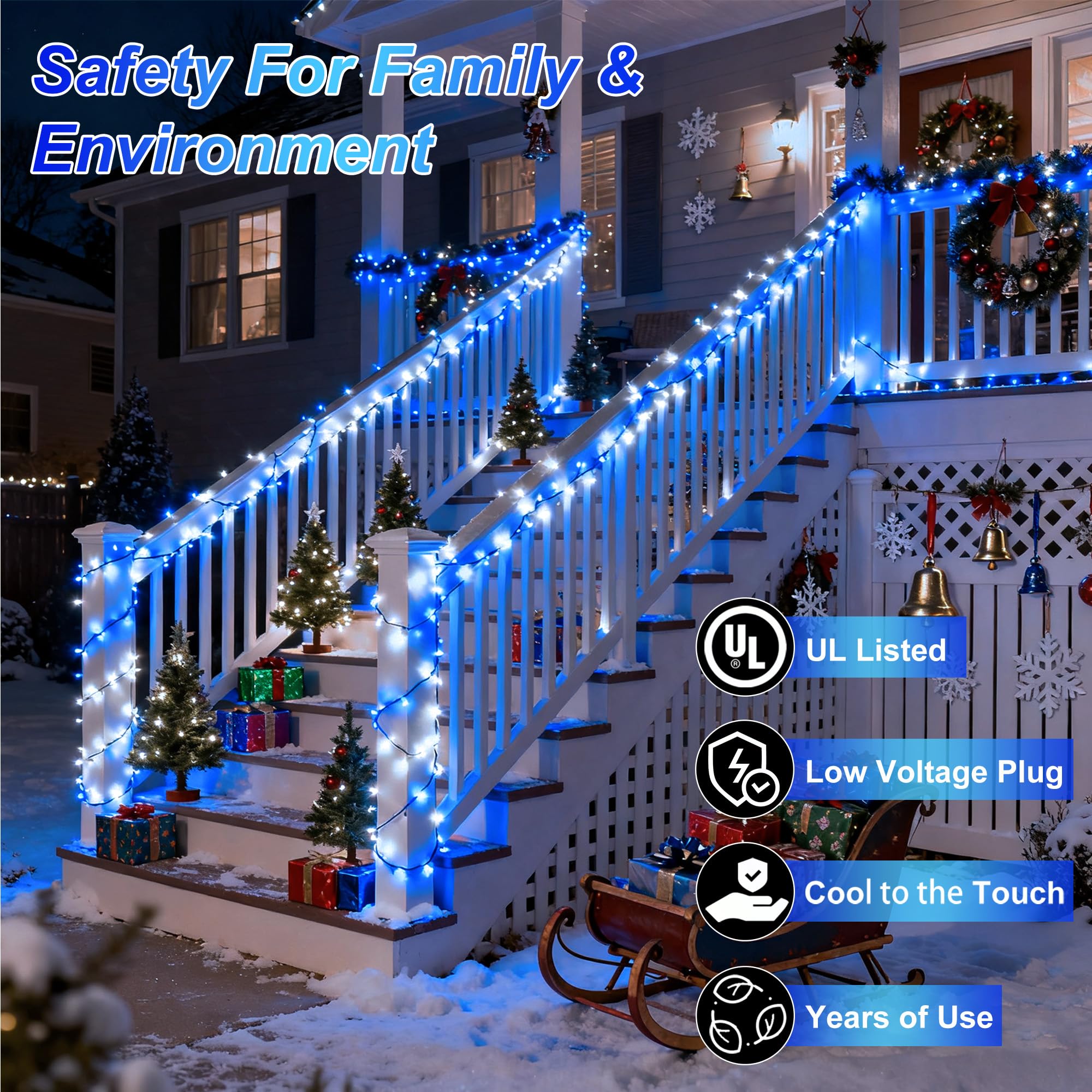 340 Led 90Ft Christmas String Lights Outdoor  12 Pro Modes And Timer Memory & Brightness  Plug In Outdoor Waterproof Clear Wire Twinkle Light For For Xmas Yard Tree Wedding Party Decor (Blue & White)