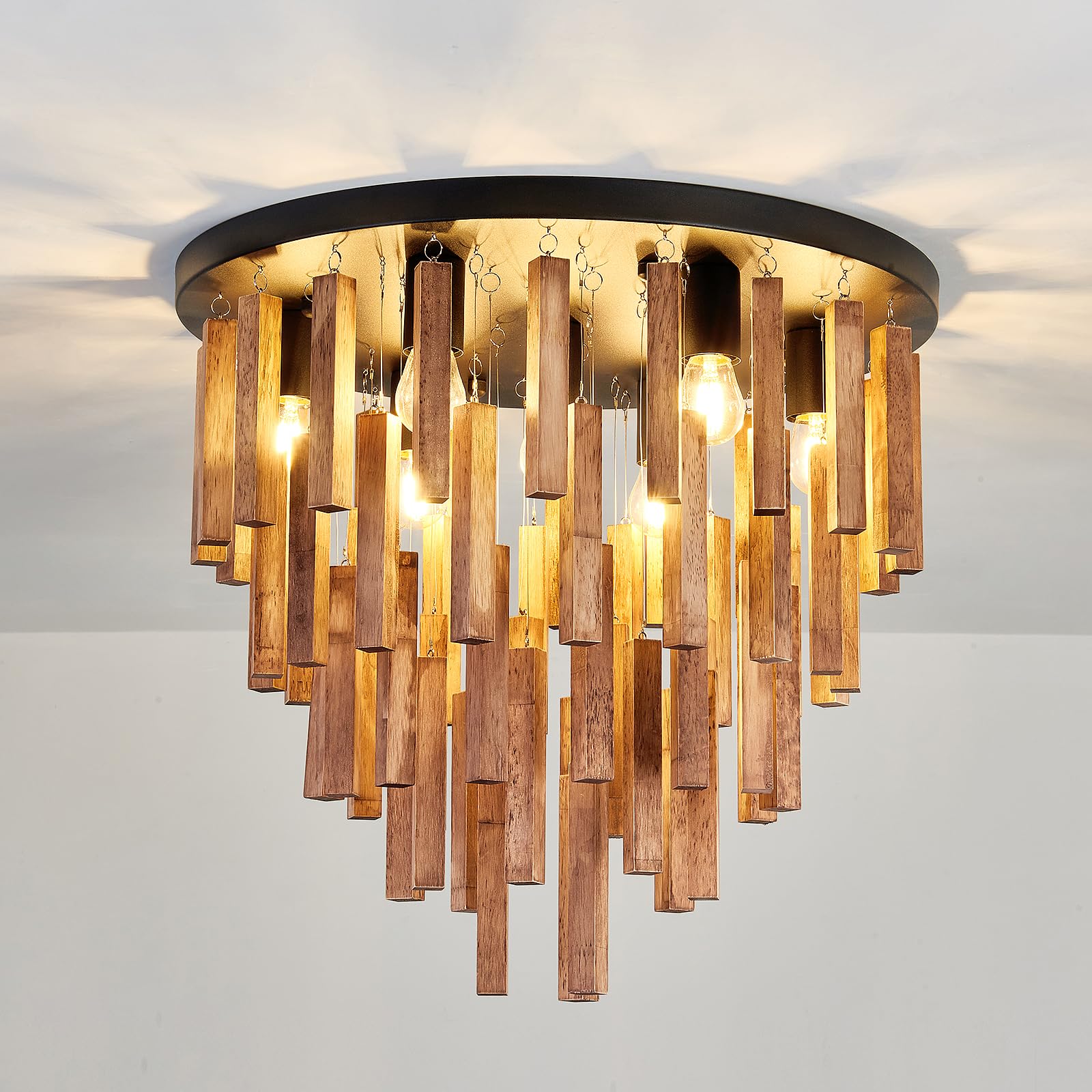 7-Light Flush Mount Wooden Ceiling Light - Rustic Oak And Black Ceiling Lamp With E26 For Farmhouse Kitchen, Dining Room, Living