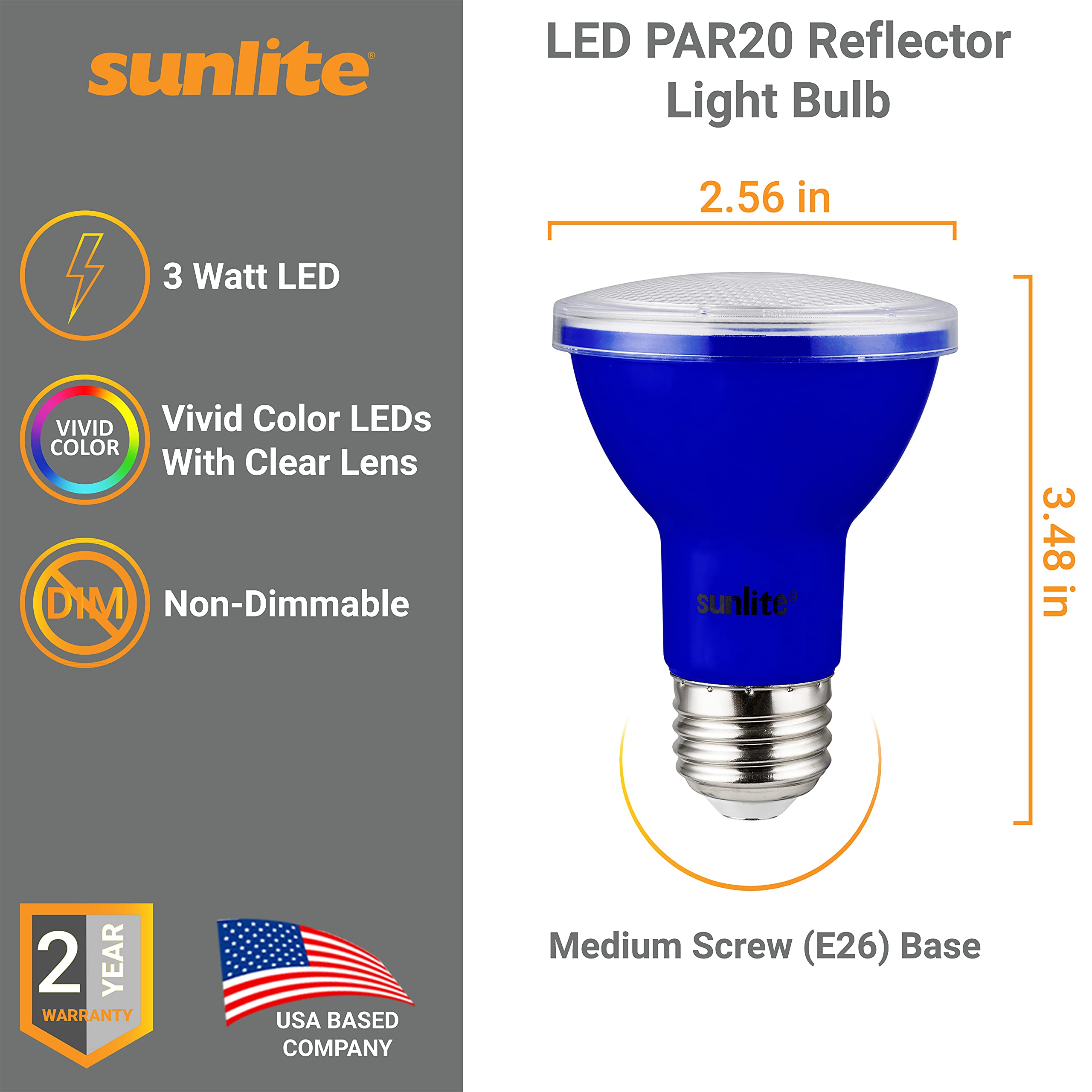 Sunlite 81467 LED PAR20 Colored Recessed Light Bulb, 3 Watt (50w Equivalent), Medium (E26) Base, Floodlight, ETL Listed, Blue, 1