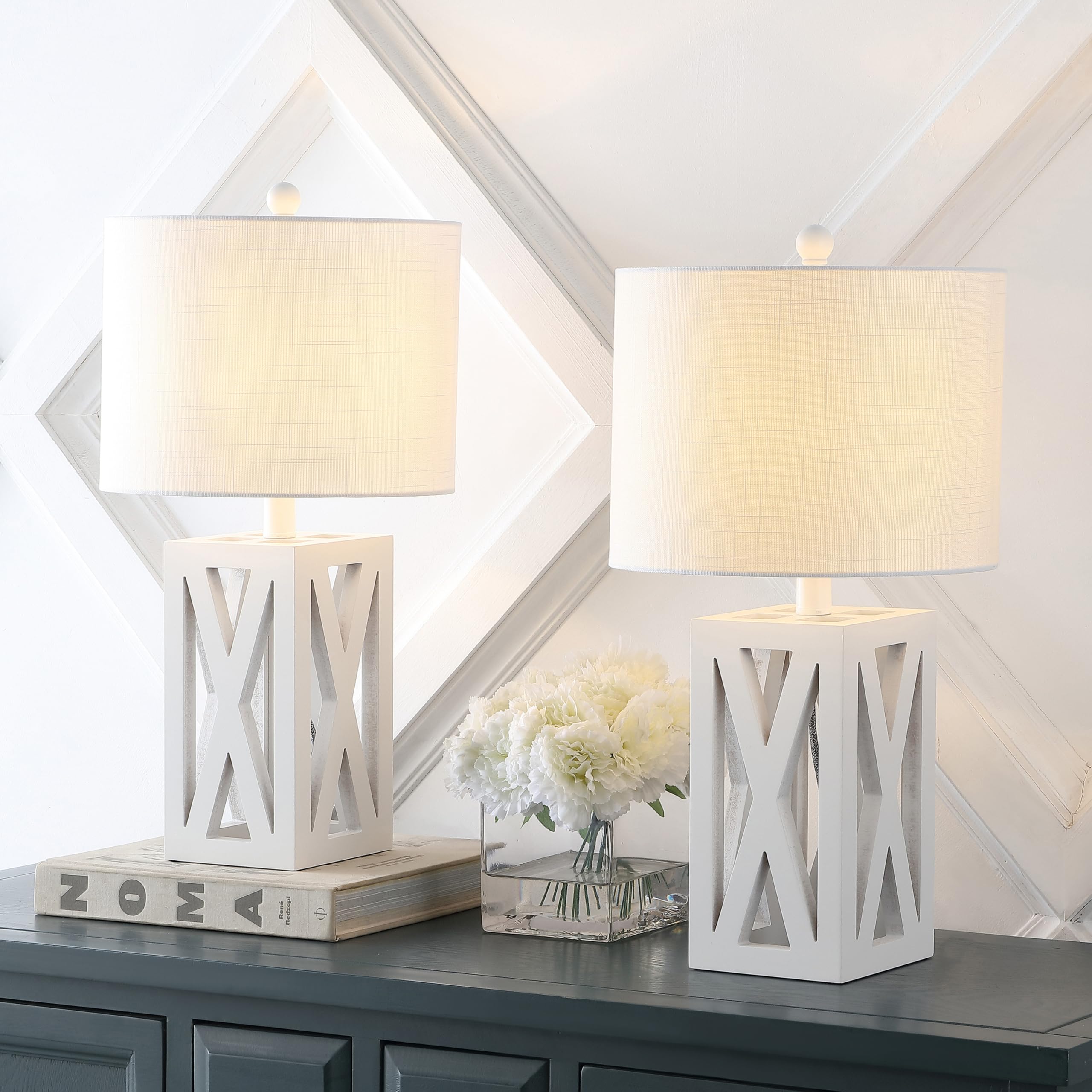 JONATHAN Y Wood LED Table Lamp Set of 2, 21.5in White, Rustic Farmhouse, Model JYL1062B-SET2