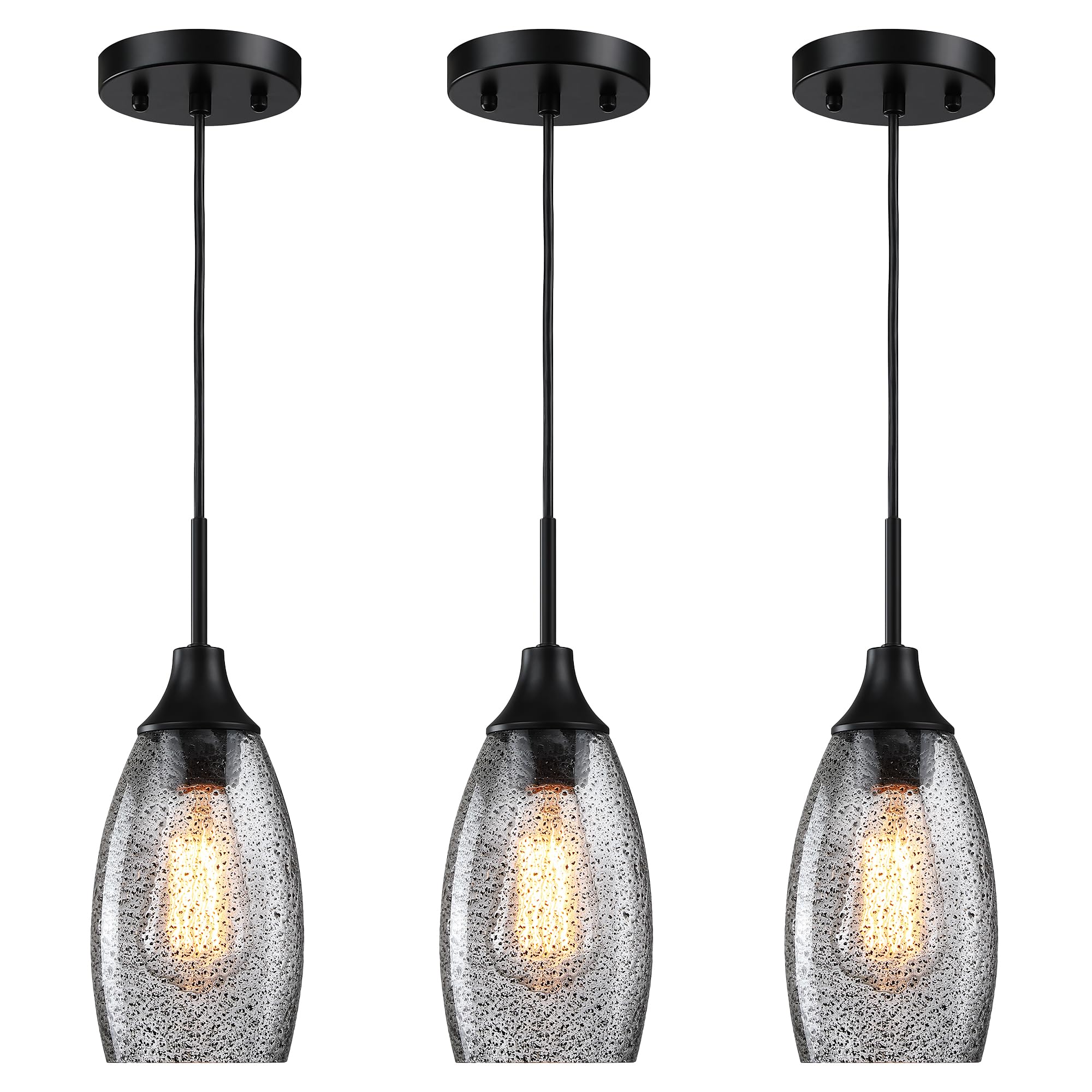 Viinew Mini Glass Pendant Light 3-Pack, 4.72&quot; Handblown Black Seeded Shade, Adjustable Cord