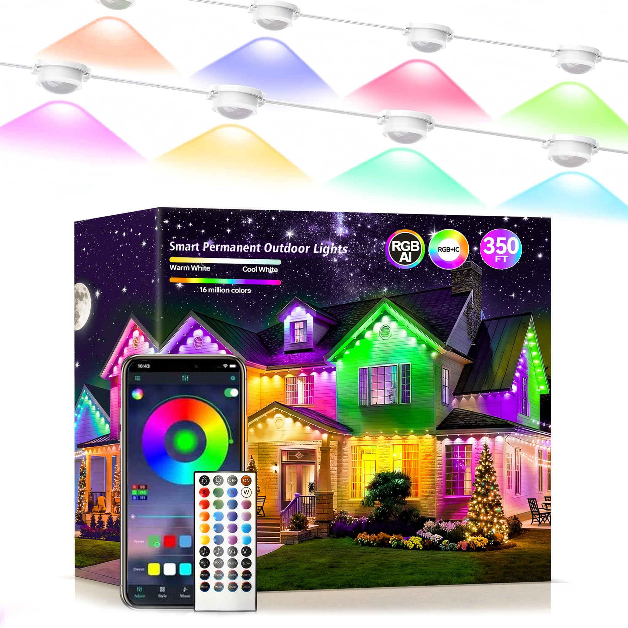 Permanent Outdoor Lights 350ft RGB+IC Outdoor String Lights App Control IP67 Waterproof,120 Scene Modes Decorations for Home, Ch
