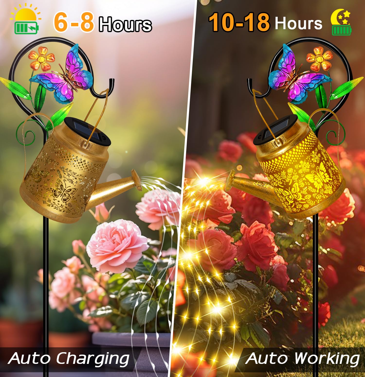 Solar Watering Can Lights Outdoor Garden Decor, Large Butterfly Hanging Lantern With Shepherd Hook, Waterproof Garden Lights For