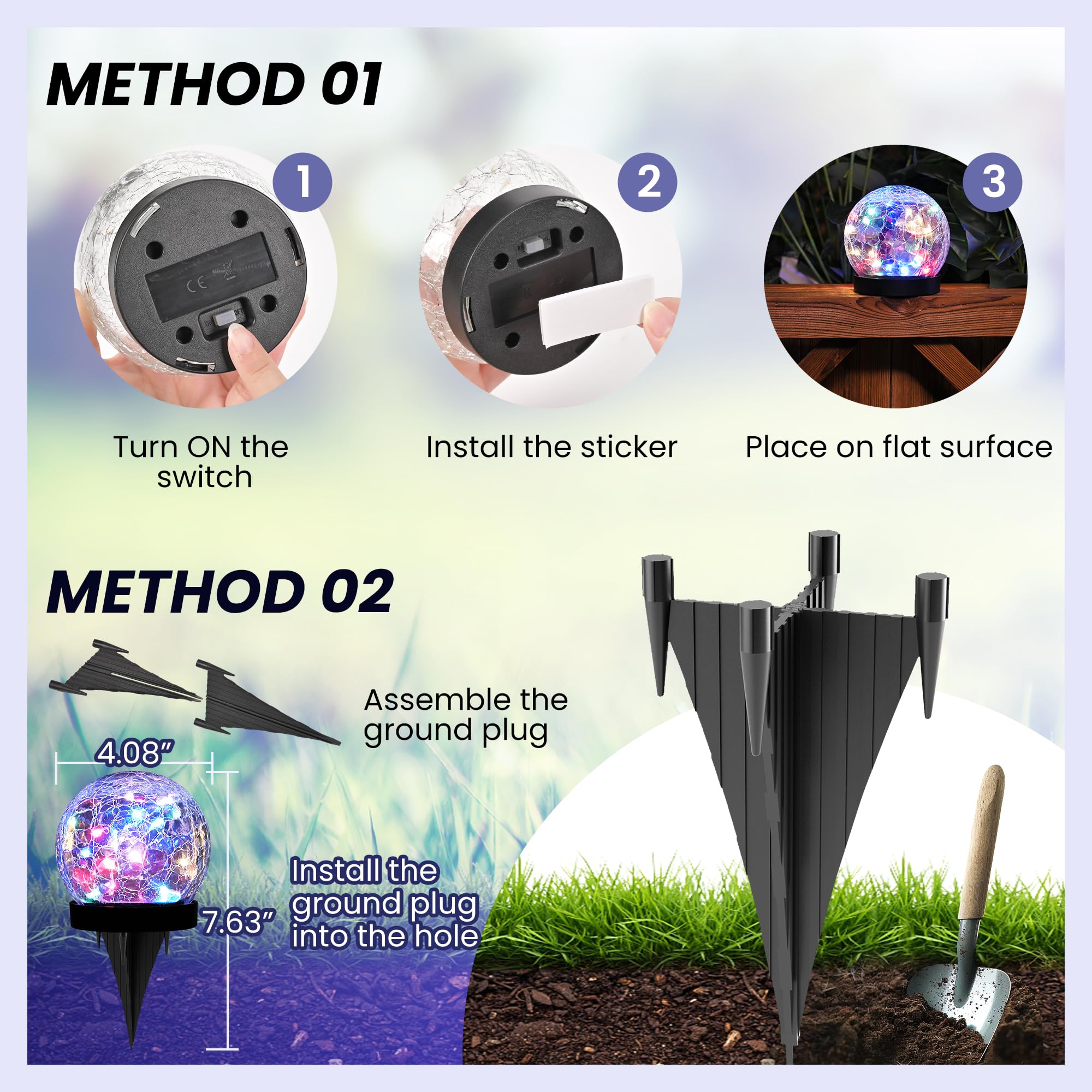 PATIOPIA Solar Globe Lights Outdoor, Waterproof  ed Glass Ball, 2 Pack, Multicolor, Model 9324