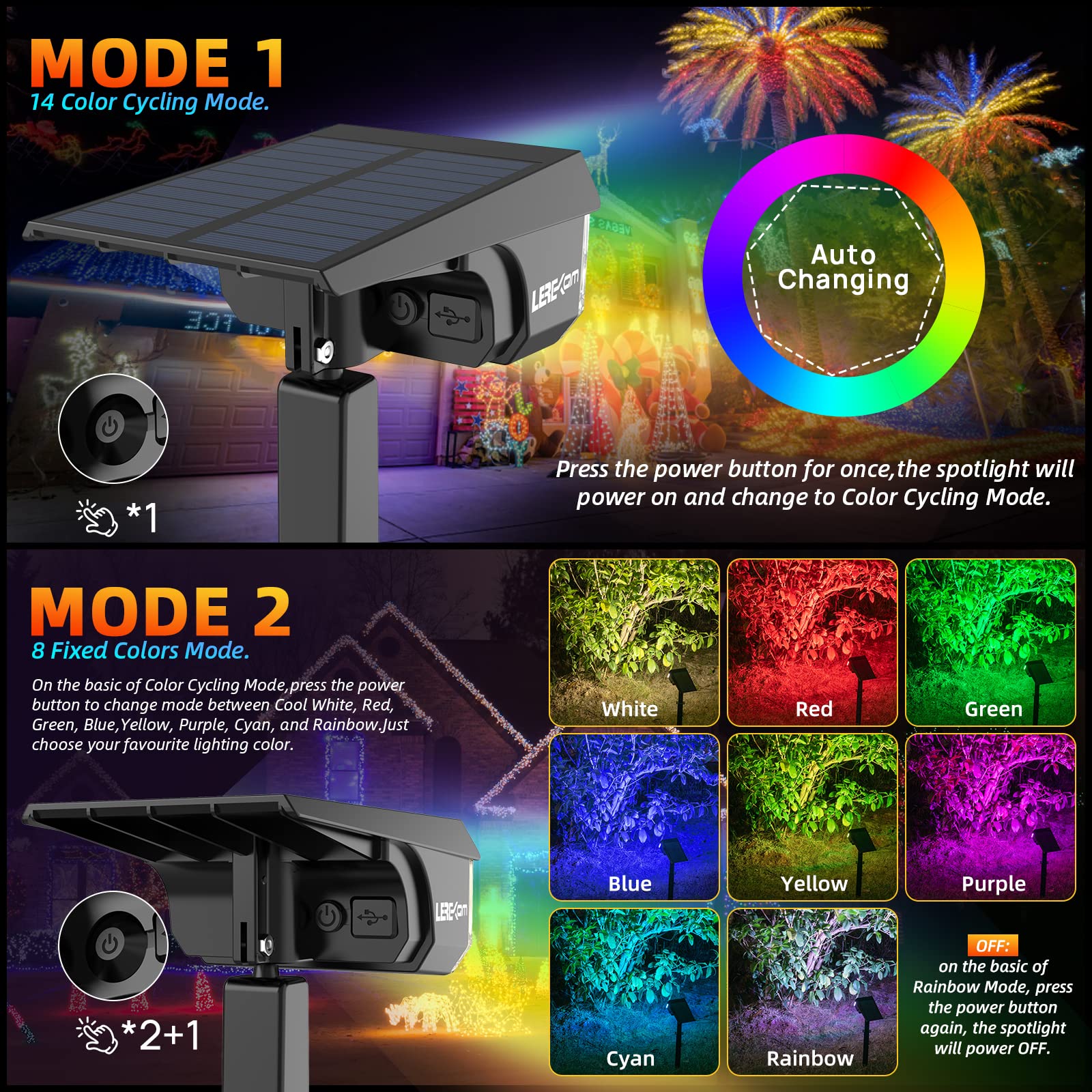 LEREKAM Color Solar Spotlights - 9 Light Modes, Waterproof, RGBW, 6 Pack, Multicolor