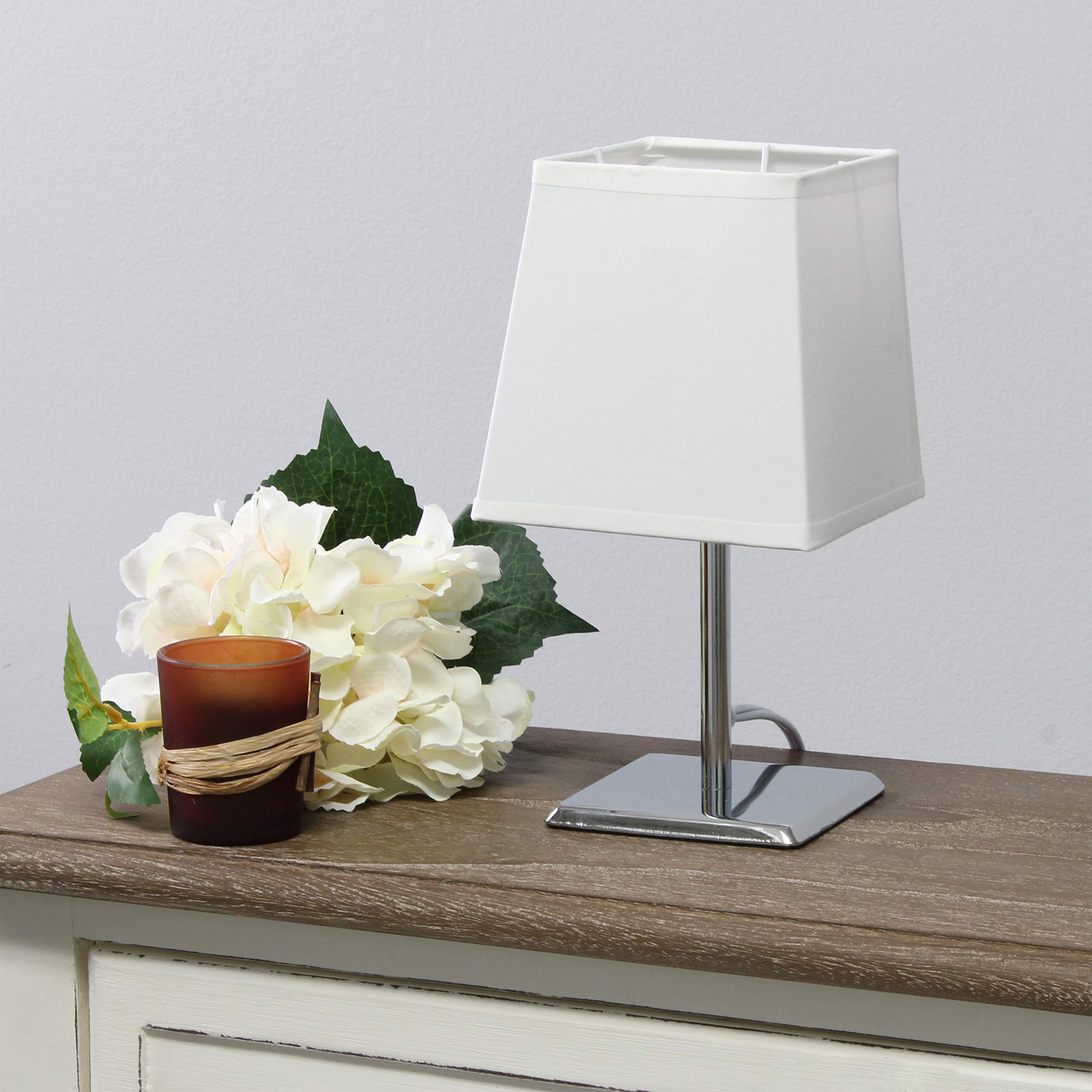 Simple Designs Mini Table Lamp, Lt2062-Wht, Metal, White, Squared Empire Fabric Shade, Pack Of 1