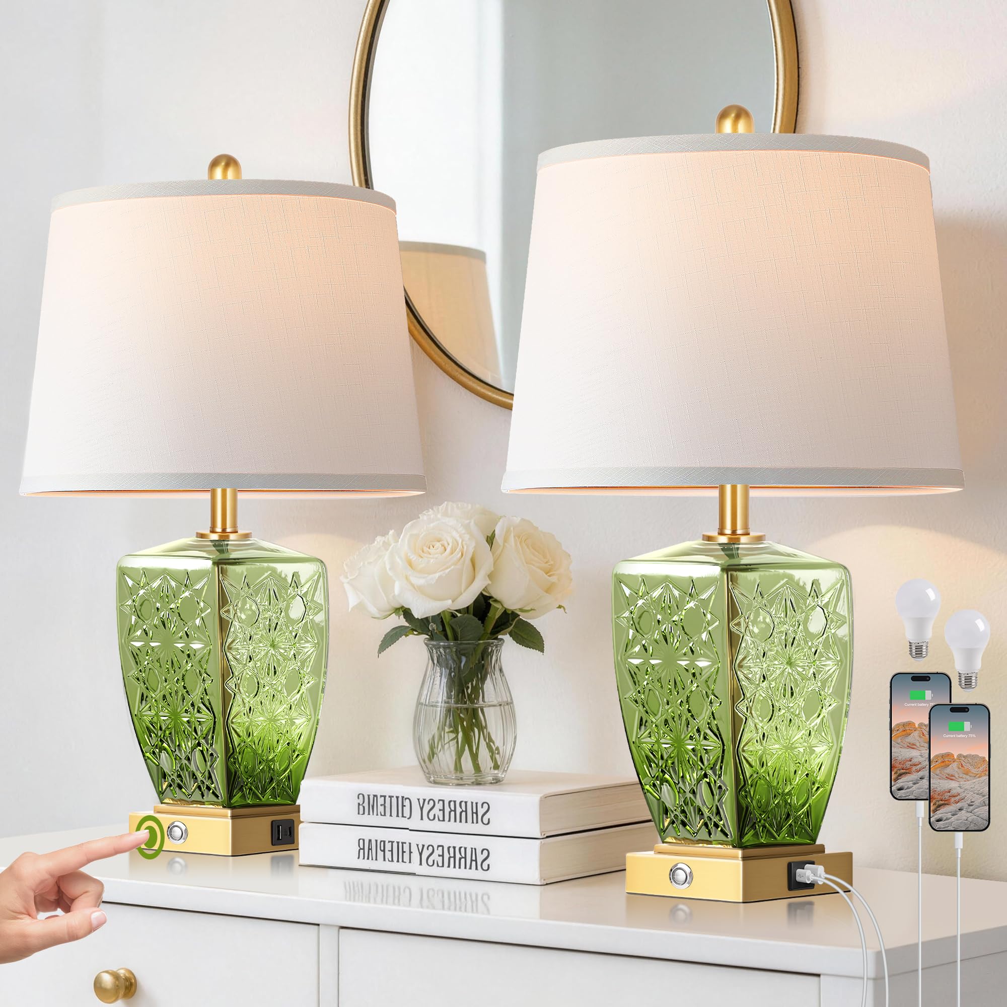 QiMH Glass Table Lamps for Living Room  Modern Bedside Lamps for Night Stands with USB A+C Ports  3-Way Dimmable Touch Lamp for Bedroom Set of 2 with White Linen Shade Home Decor  Green