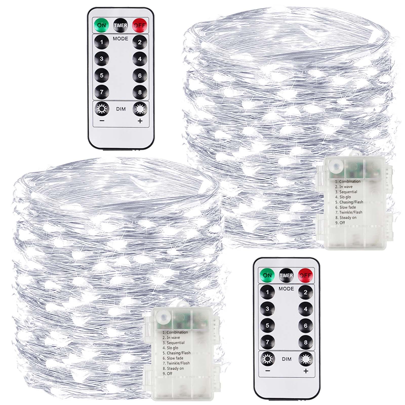 2 Pack Each 66Ft 200LED Battery Operated Fairy Lights with Remote, Waterproof Battery Christmas Twinkle Light with Timer, String