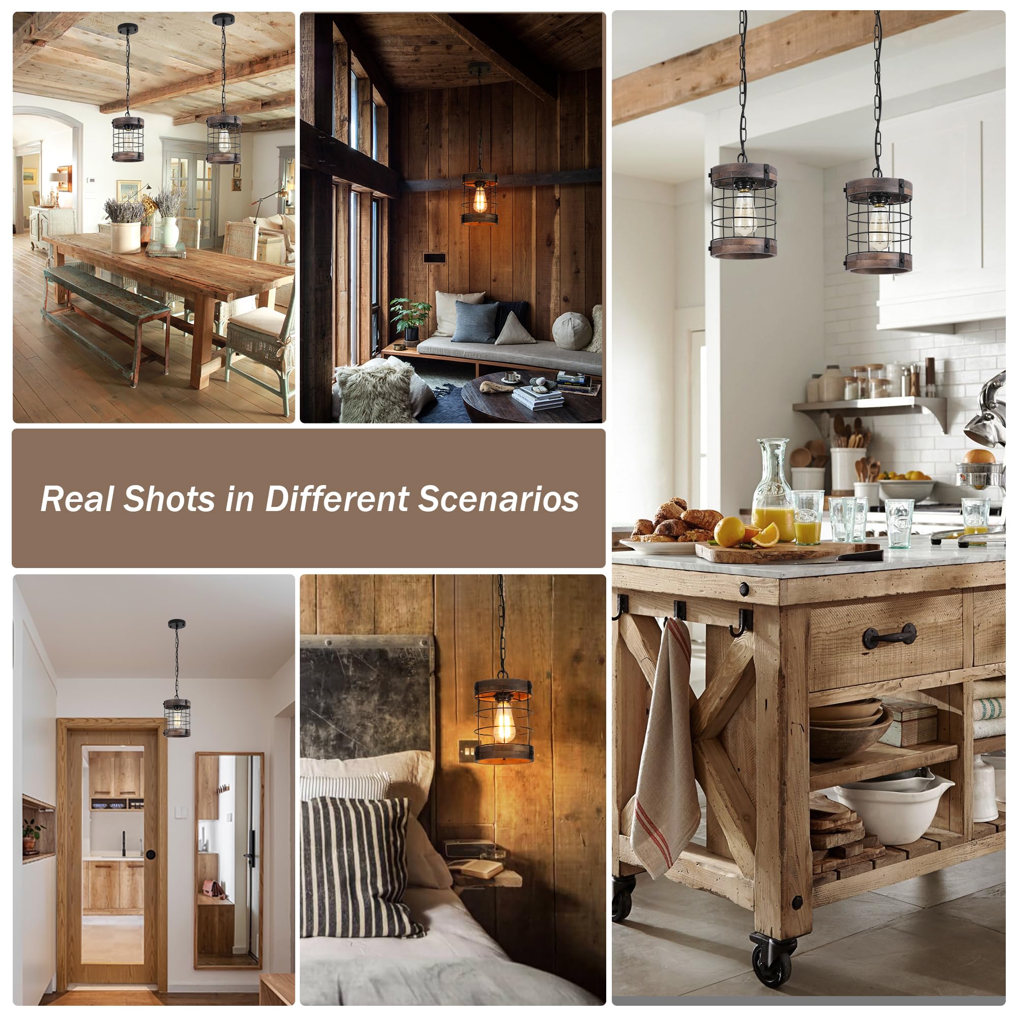 Lamqee 1-Lights Rustic Farmhouse Pendant Light Fixtures For Kitchen Island Wood Hanging Ceiling Lights Dining Room Over Table Wo