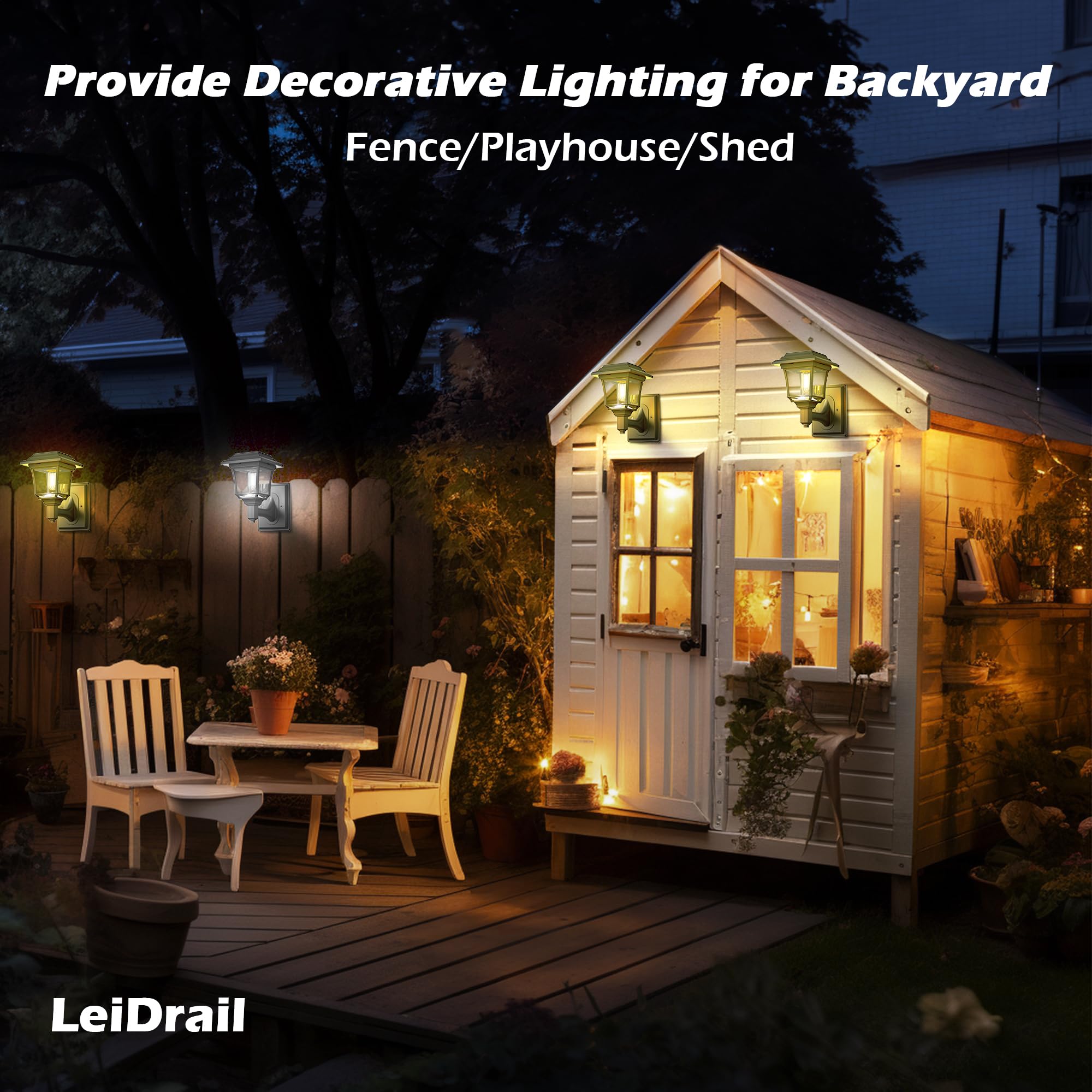 LeiDrail Solar Fence Lights, Edison Bulb, Waterproof LED, Warm/Cold White, 4 Pack, Black