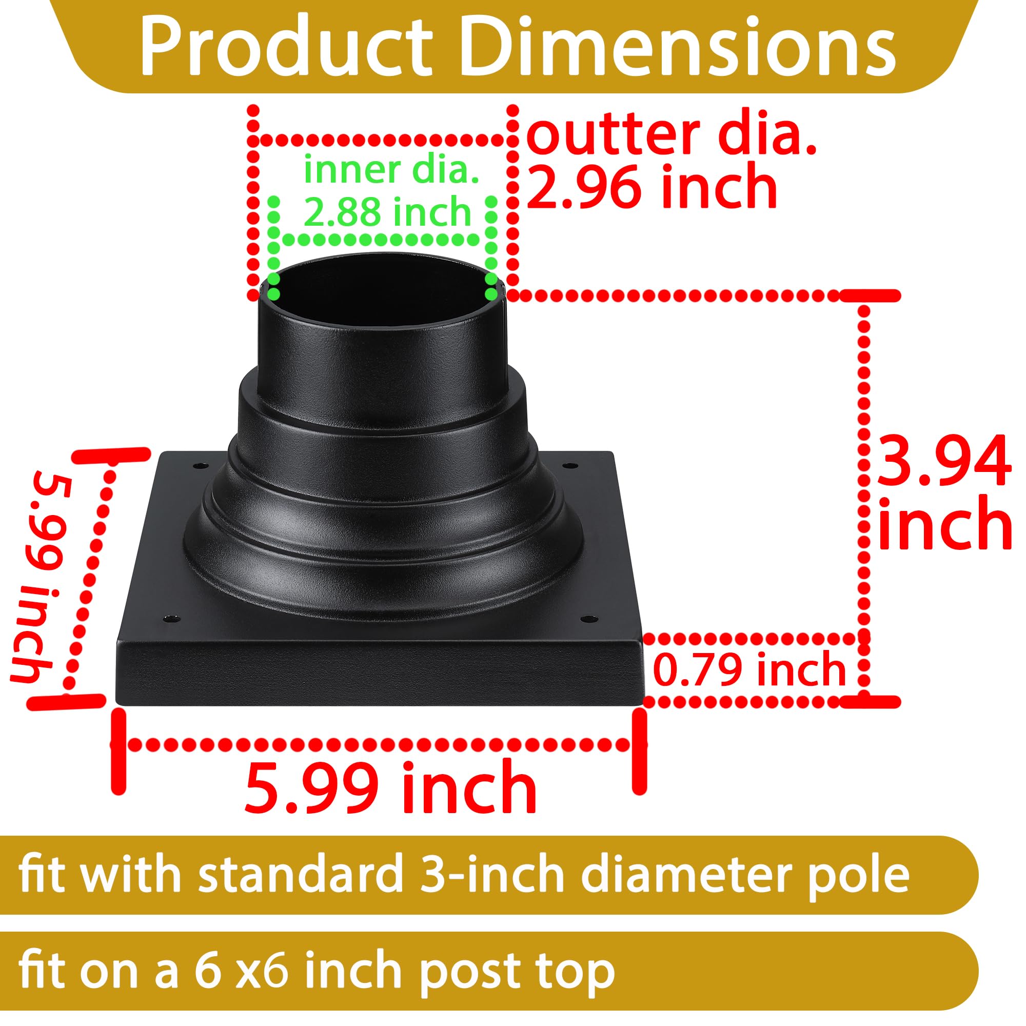 Faymart Lighting 2-Pack Square Anchor Base For Post Mounted Outdoor Lamps Aluminum Alloy Pedestal Mount Base For Stone Walls  Matte Black 6X6 Post Cap Adapter  3 Inch Pole Fitter
