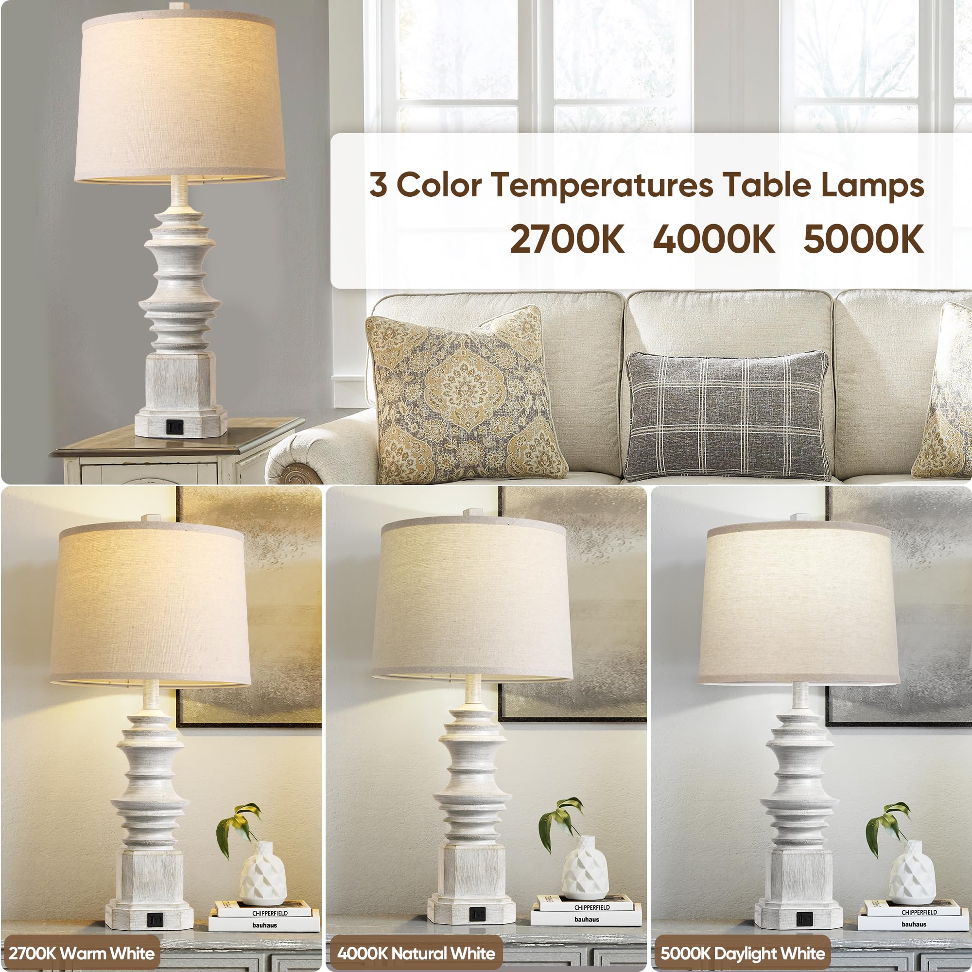 QiMH Table Lamps Set of 2, USB A+C Charging Ports, Farmhouse Design, Grey, Model STR-DL-0087, White Fabric Lampshade