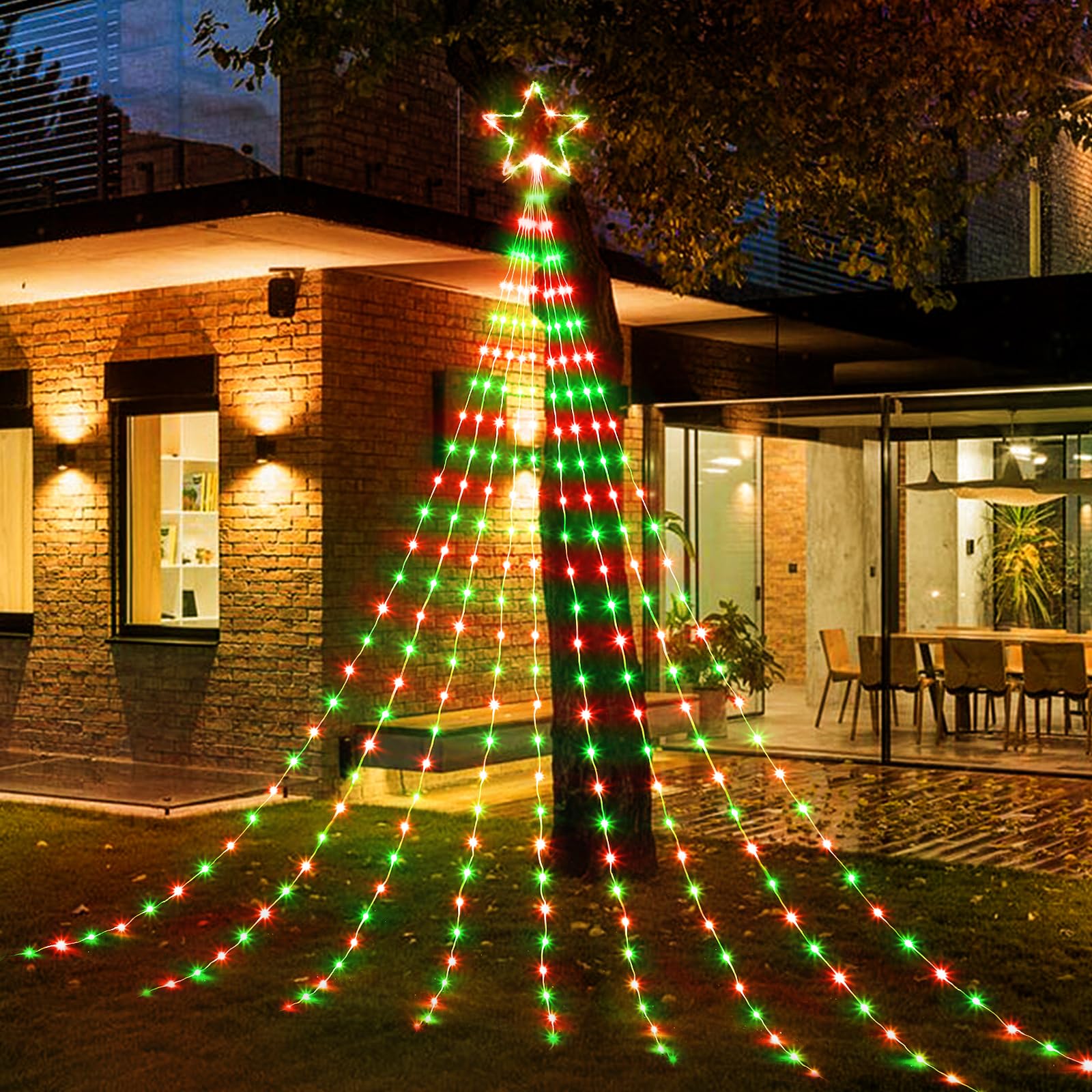 Christmas Decorations Star String Lights - 344 LED 11.8ft 9 Strands Waterfall Tree Lights with Topper Star, 8 Lighting Modes Ind
