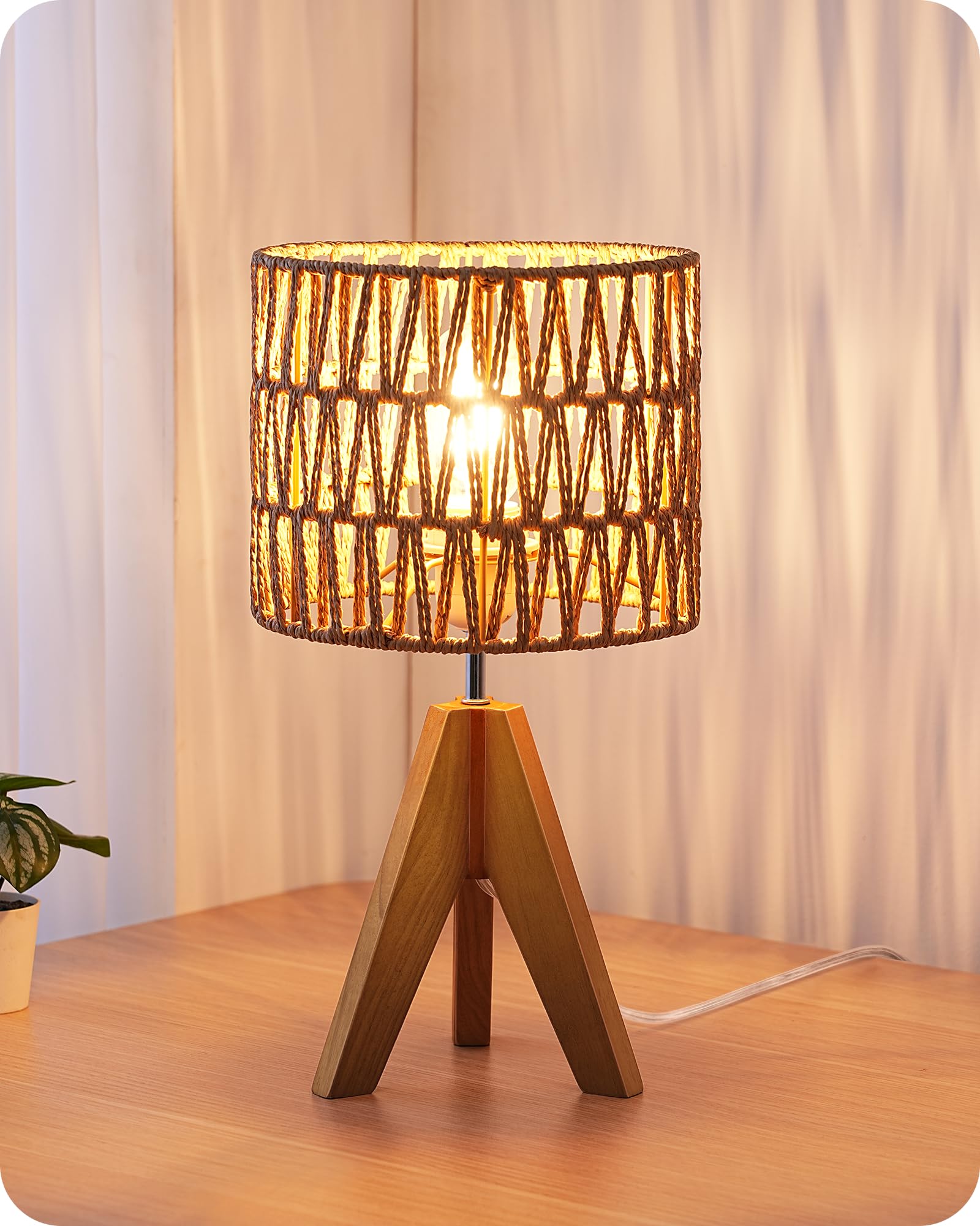 EDISHINE Small Table Lamp, Rattan Wood Tripod Bedside Lamp, Boho Nightstand Lamp for Living Room, End Table, Office, E26 Base, N