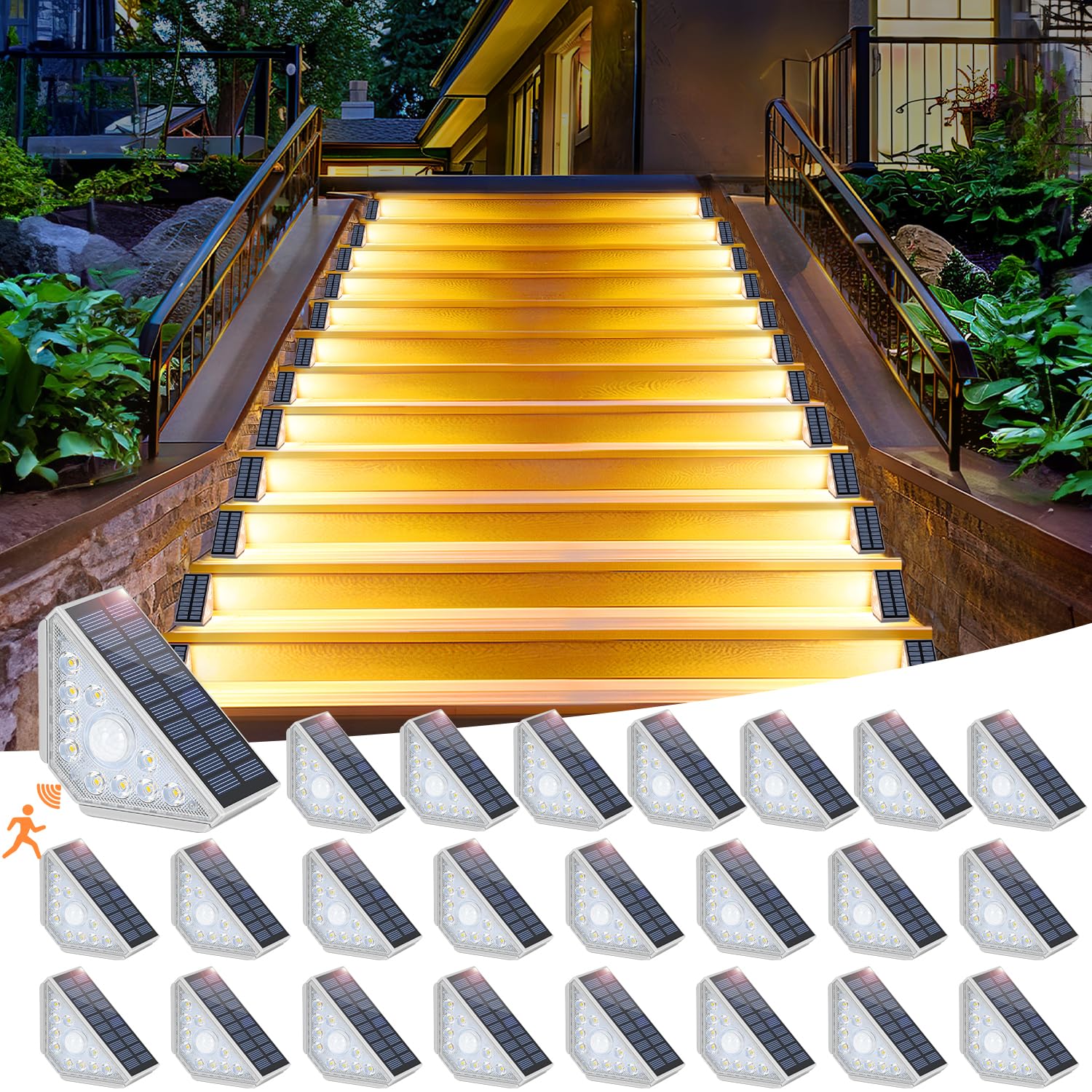 Kondras Motion Sensor Solar Step Lights for Outside, 24-Pack Outdoor Stair Lights Waterproof IP67, Solar Powered LED Outdoor Ste