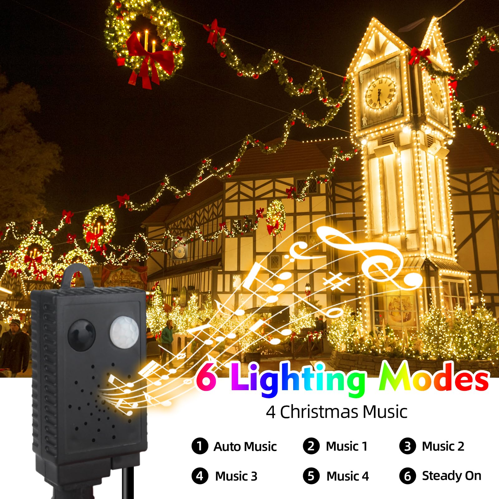 MZD8391 Motion Sensor Music Christmas Lights, 108FT, 300LED, Warm White, Indoor/Outdoor, Model QL300AE