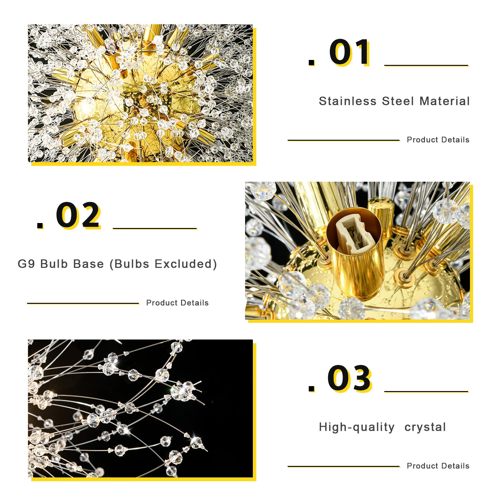 Qamra 16-Light Modern Crystal Gold Sputnik Chandelier, Firework Dandelion Pendant Light For Dining Room, Bedroom, Kitchen, Living Room