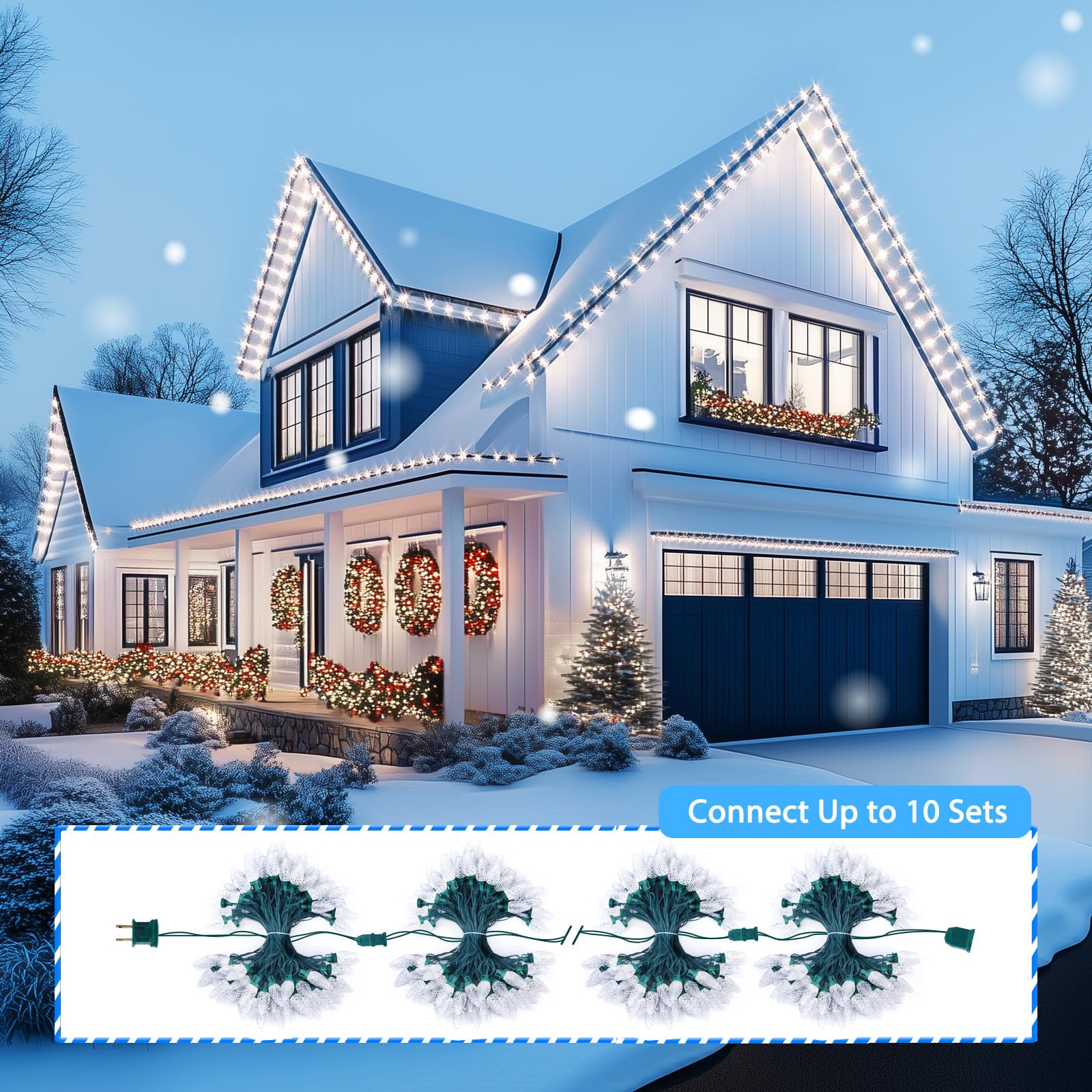 Brightown C9 LED Christmas String Lights, 200LED, 132ft, Waterproof, White, Plug-in for Outdoor Holiday Decor