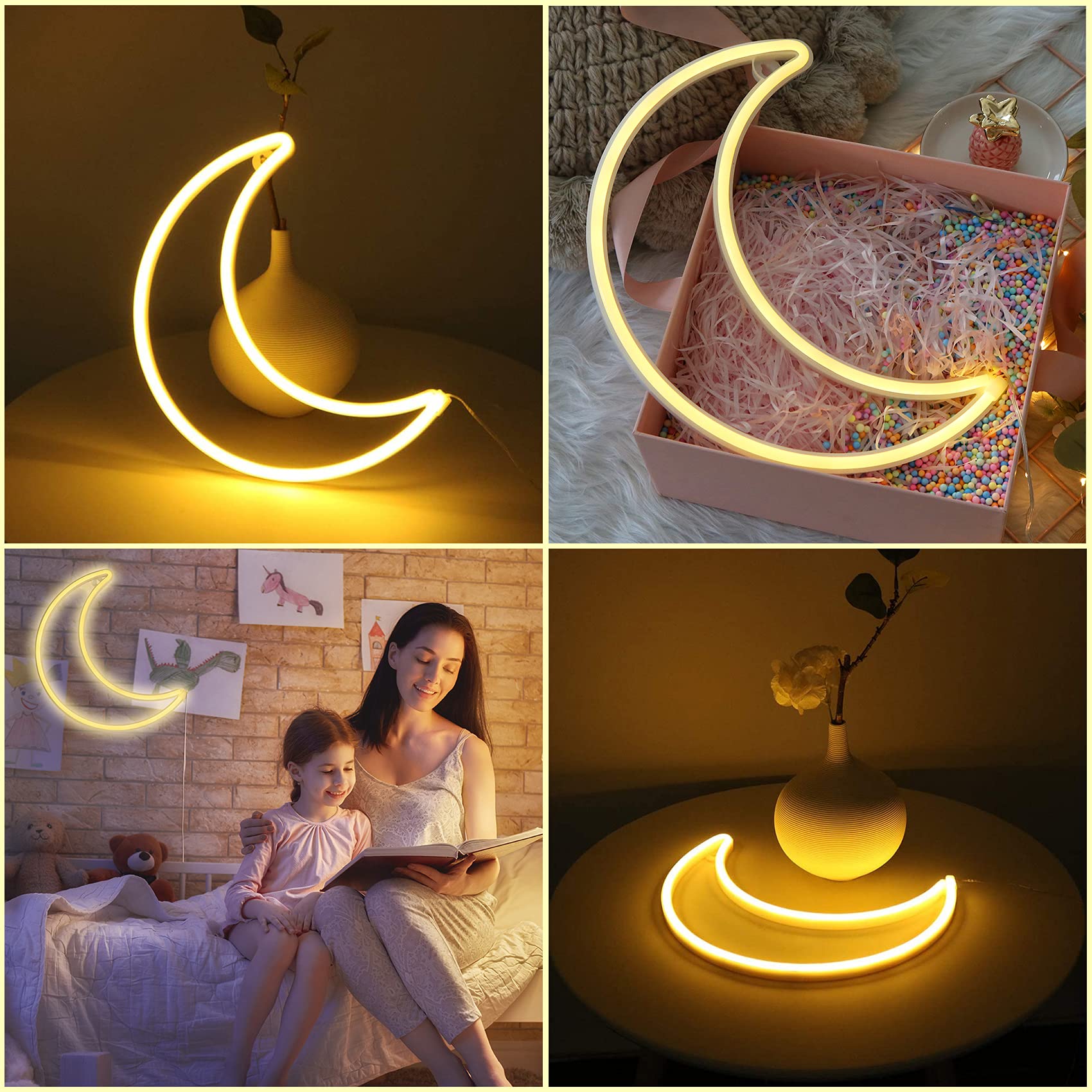 YAOZHOU LED Neon Moon Light - Warm White, Battery/USB Powered Decorative Night Light for Home, Bedroom, Office, Party