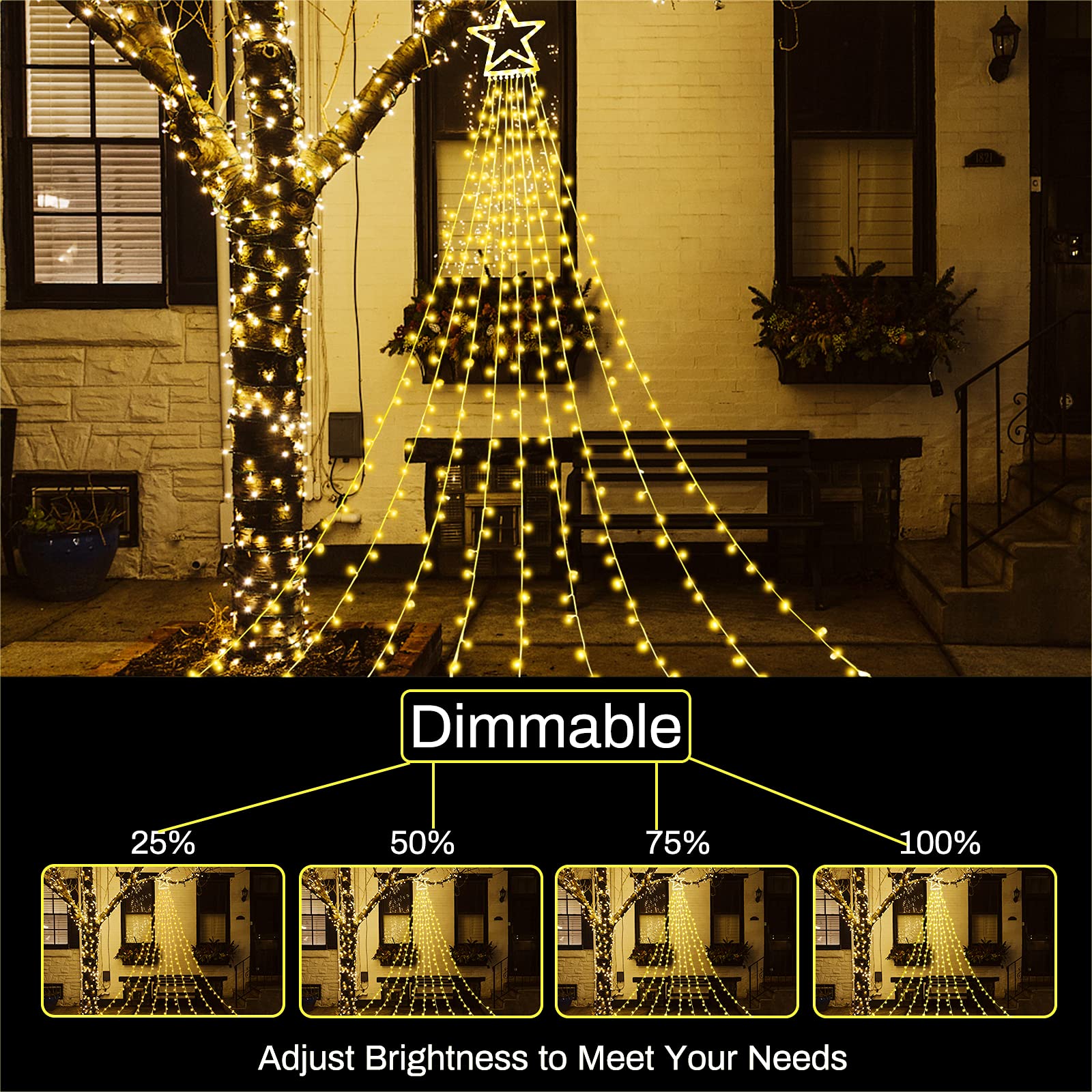 Ztx Christmas Decorations Outdoor Star Lights,11Ft Christmas Tree Toppers Lights, 8 Lighting Modes Waterfall Christma String Lig