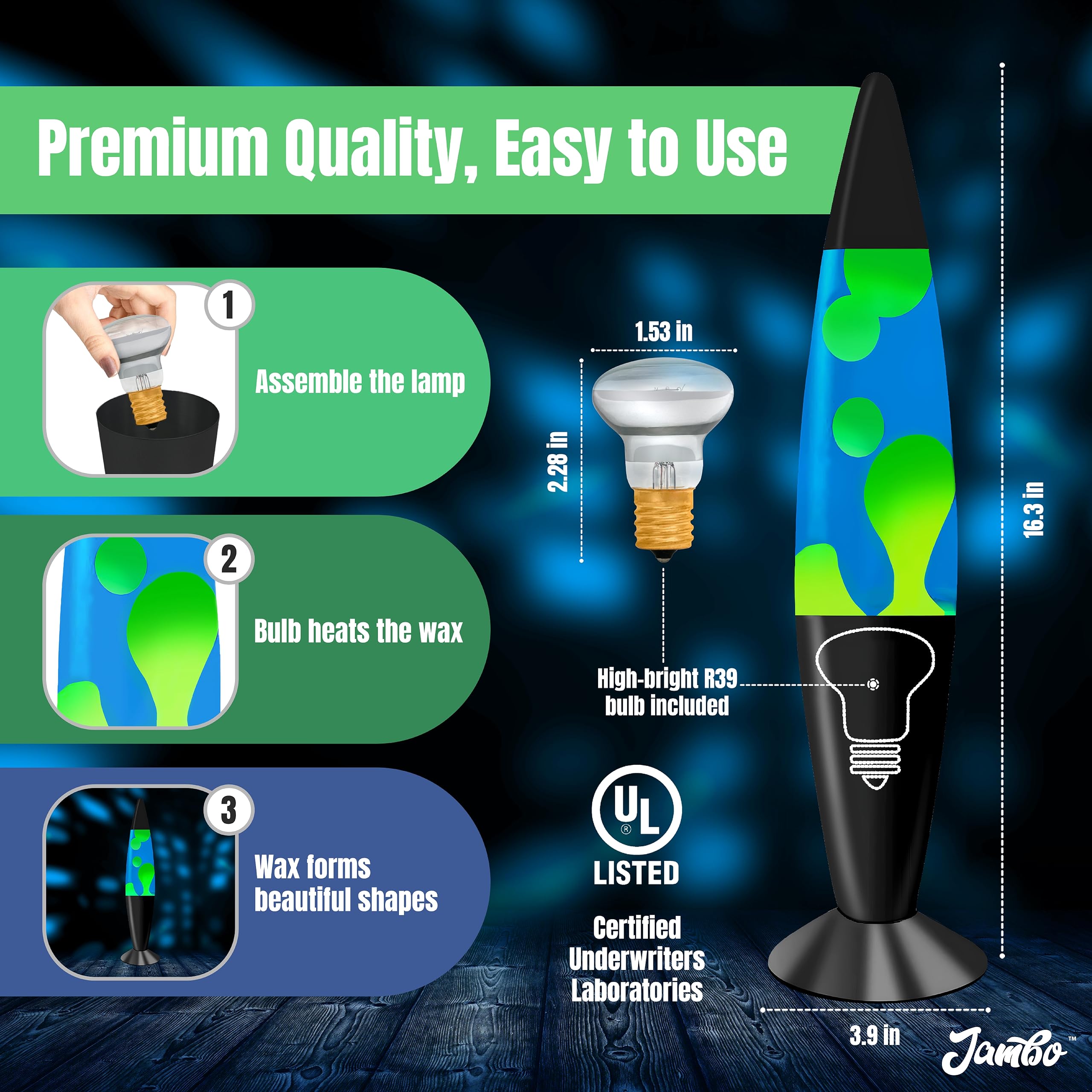 JAMBO Liquid Lamp - 16in Magma Light, Blue Liquid with Yellow Wax, Black Base, Model 58000, Night Light for Home Decor