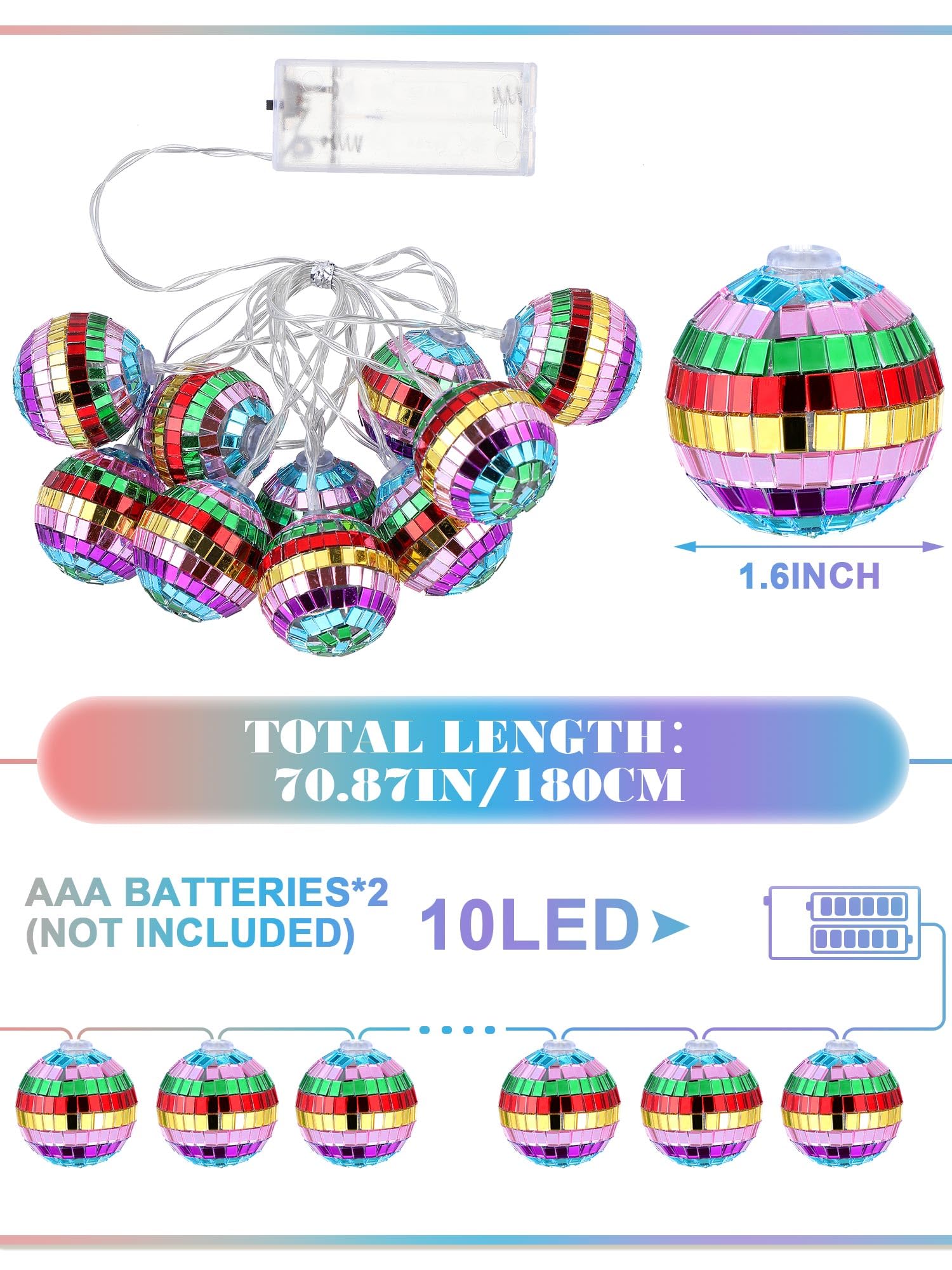 Bbto Led Disco Ball String Light Battery Powered Mirror Balls Ornaments For Outside Backyard Porch 70S 80S Disco Party Supplies(1.57 Inch Sparkling Colors)