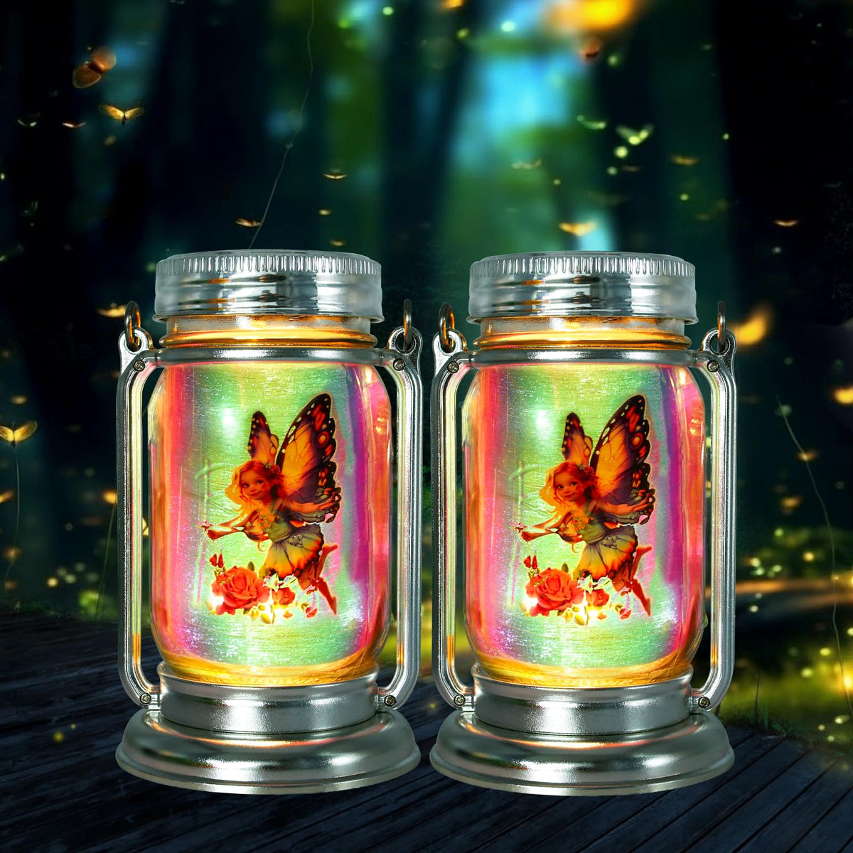 Angmln 2 Pack Solar Fairy Lanterns For Outdoor Garden, Adorable Fairies Theme In Silver Glass Mason Jars, Gifts For Mom, Grandma