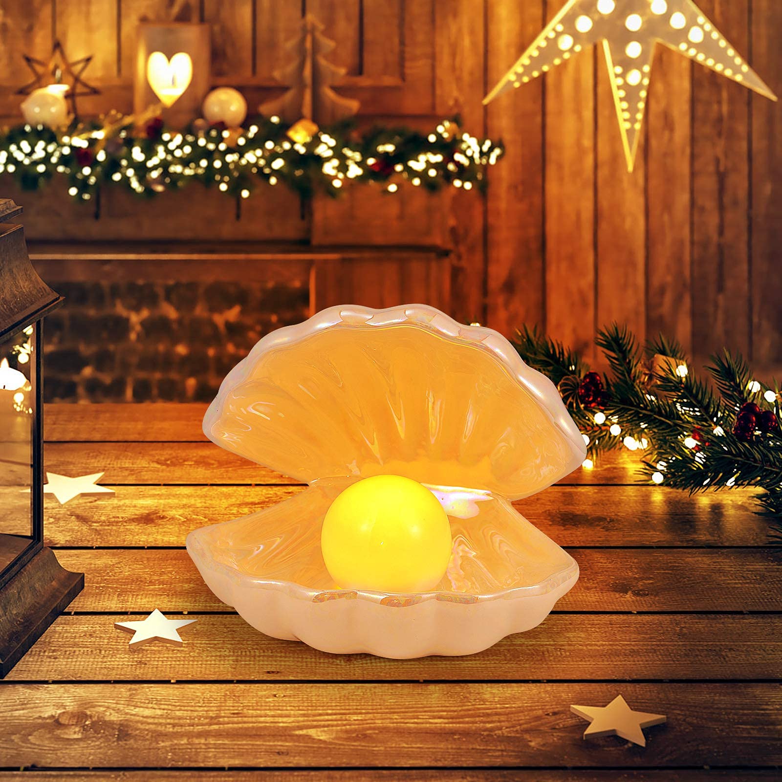 Imikeya Ceramic Shell Pearl Light - White Led Clam Lamp For Tabletop Decoration & Gifts
