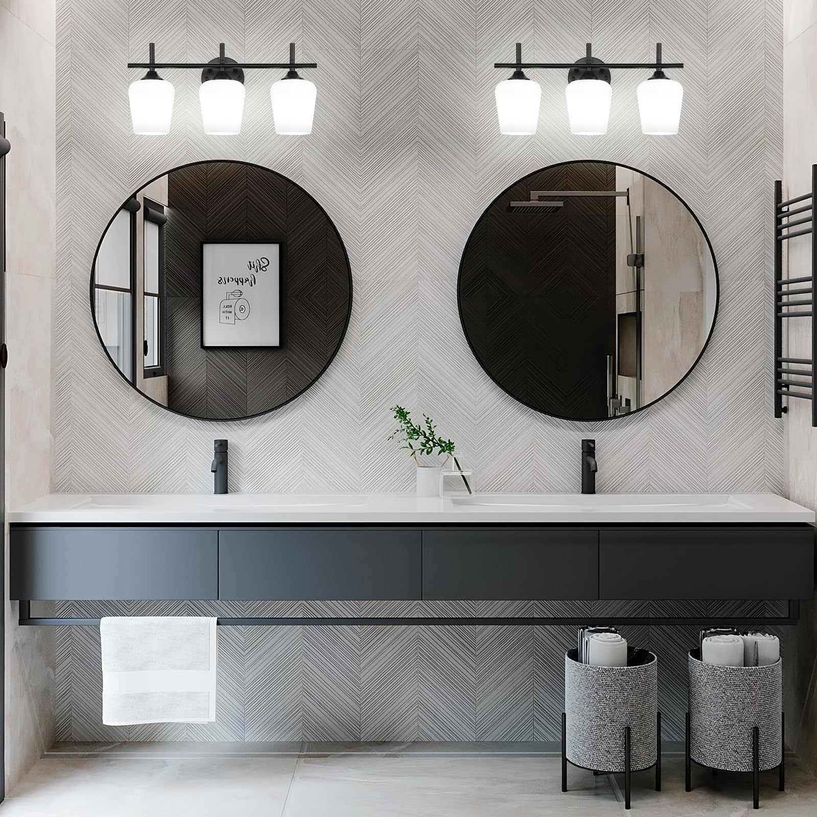 foucasal 3-Light Bathroom Vanity Light Fixture, Modern Black Metal with Milky Glass Shade