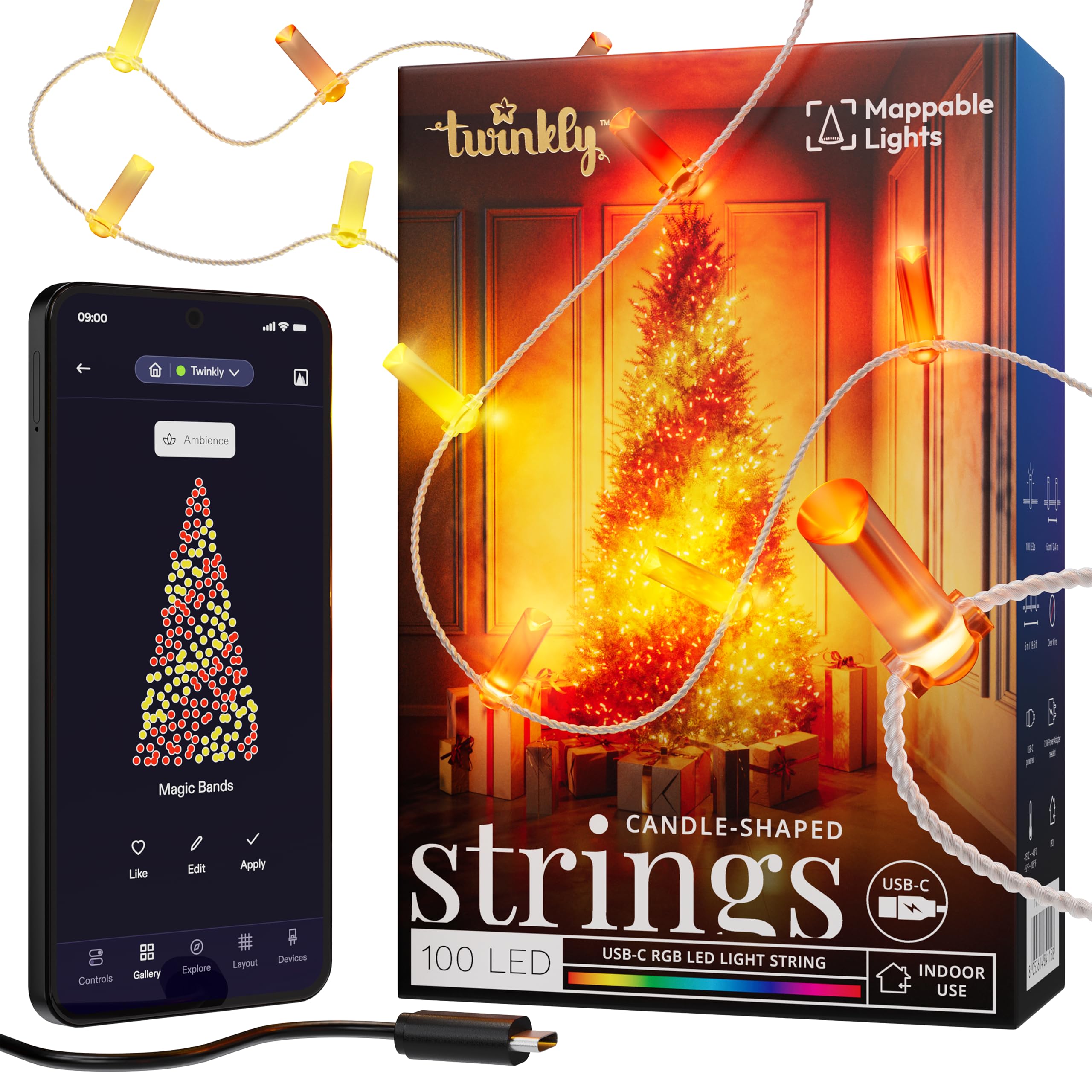 Twinkly Strings USB-C Candle 100 LED, Candle-Shaped LED Light String, RGB Multicolor LED Lights, Valentines Day Lights, Compati