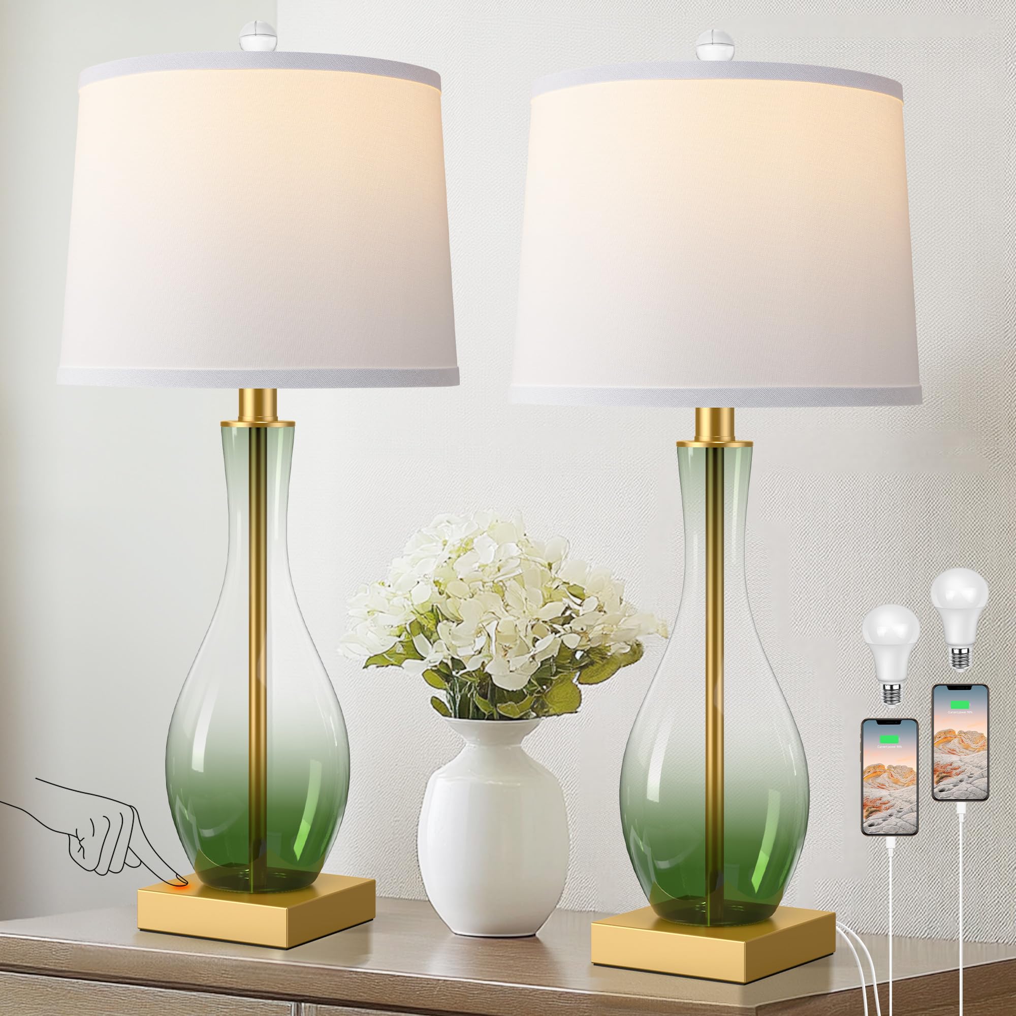 WIHTU 3-Way Dimmable Glass Table Lamps Set of 2 with Touch Control, USB Ports, 27in, Green, Model STR-DL-0172