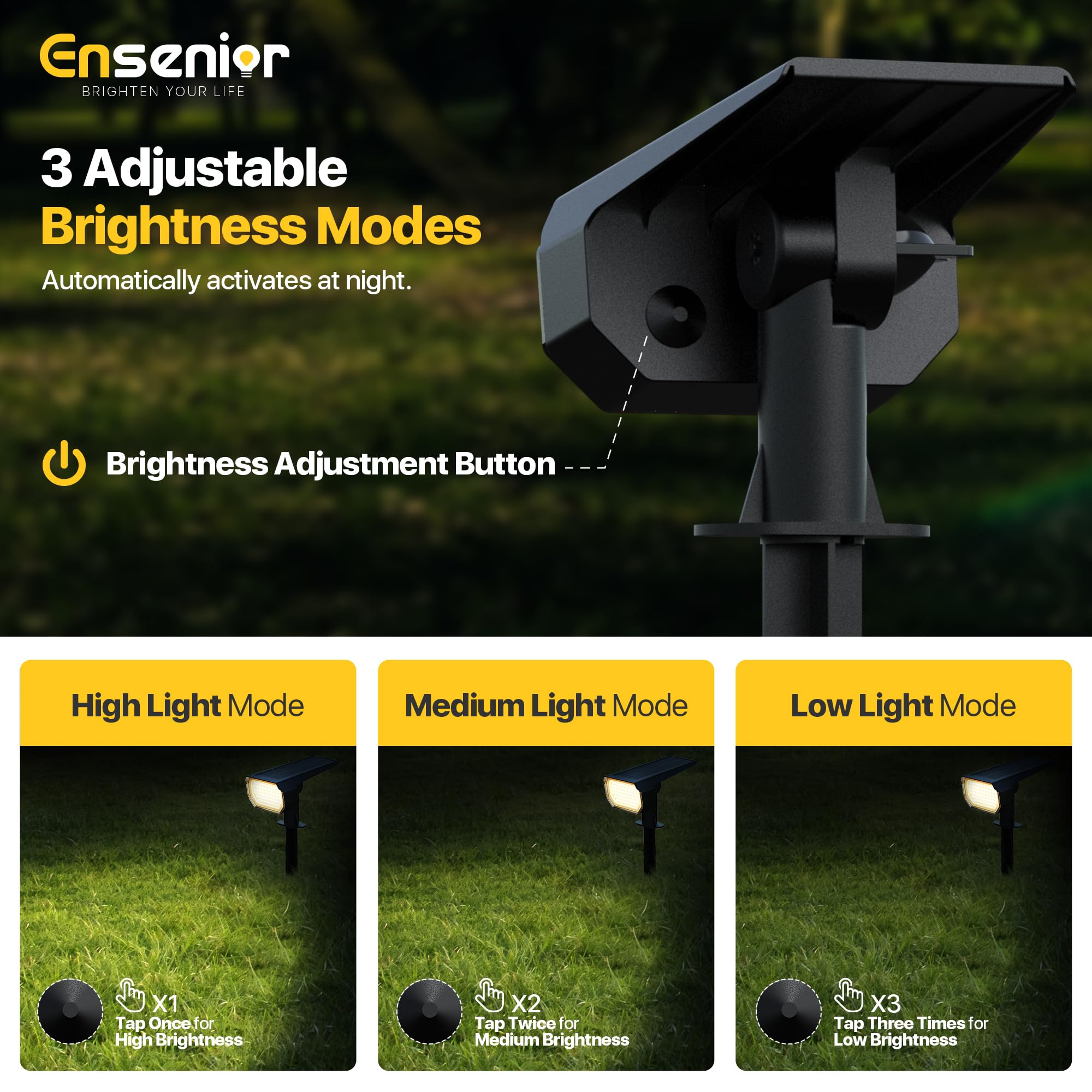 Ensenior Solar Spotlights Outdoor, 6500K Brightness Adjustable LED, 4 Pack, Waterproof, Cool White, Model: CP2-13CM-65K-04-BL-Z